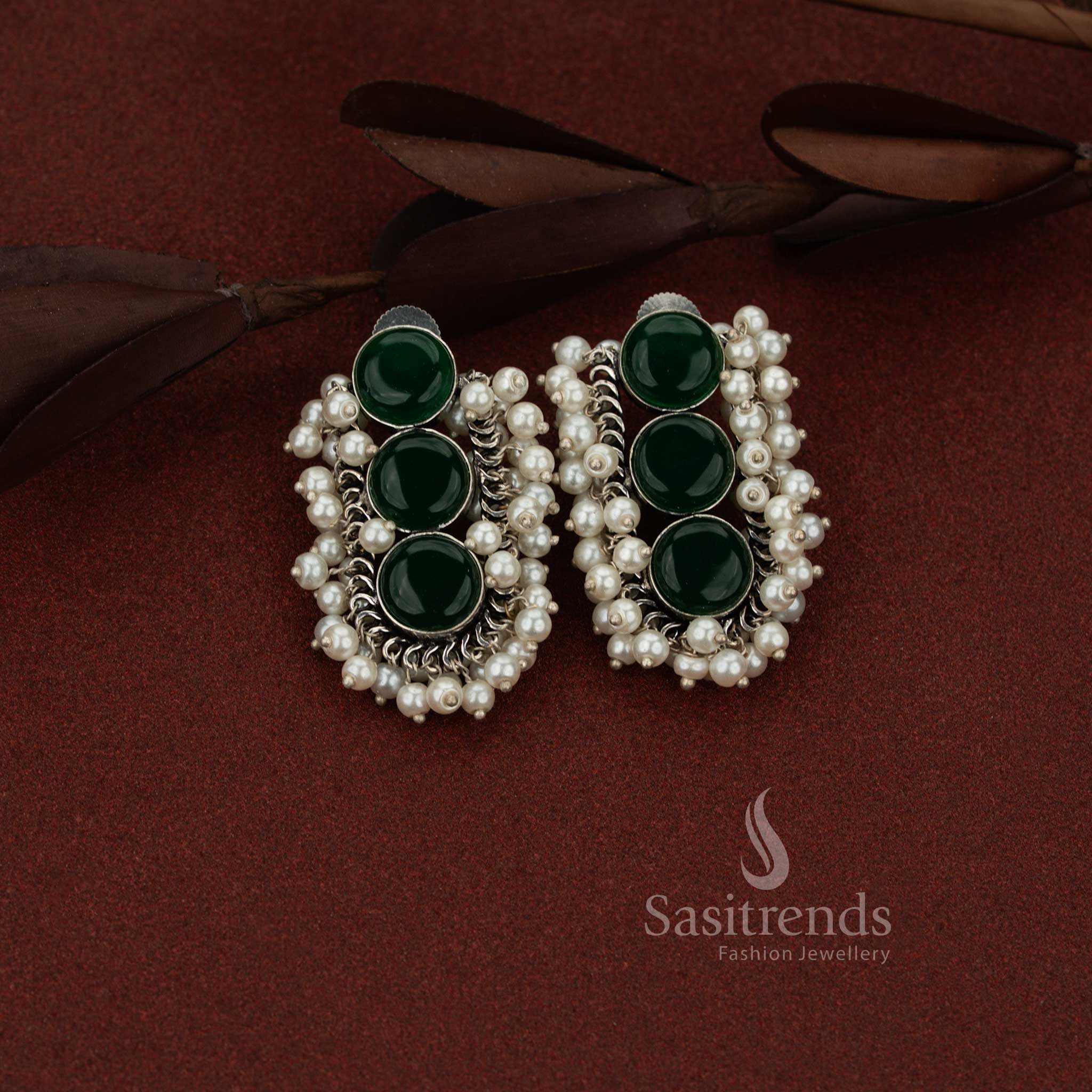 Oxidised Silver U-Cut Triple Stone Pearl Linear Stud Earrings for Daily Casual Wear - Image 3
