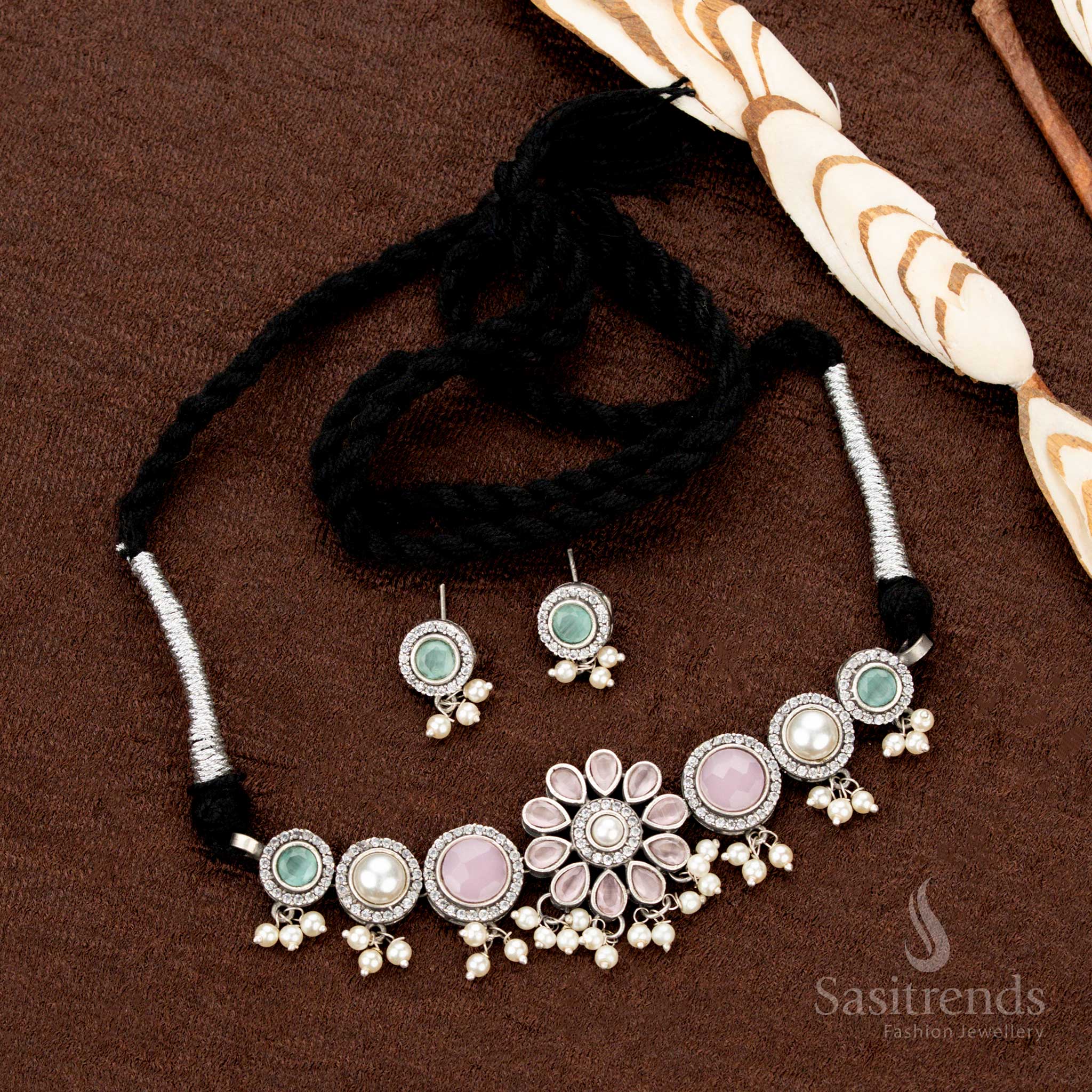 Elegant Oxidised Stone Choker Necklace Jewellery Set with Multistone Floral Motif and Pearl Hangings – Perfect for Traditional and Navaratri Wear - Sasitrends