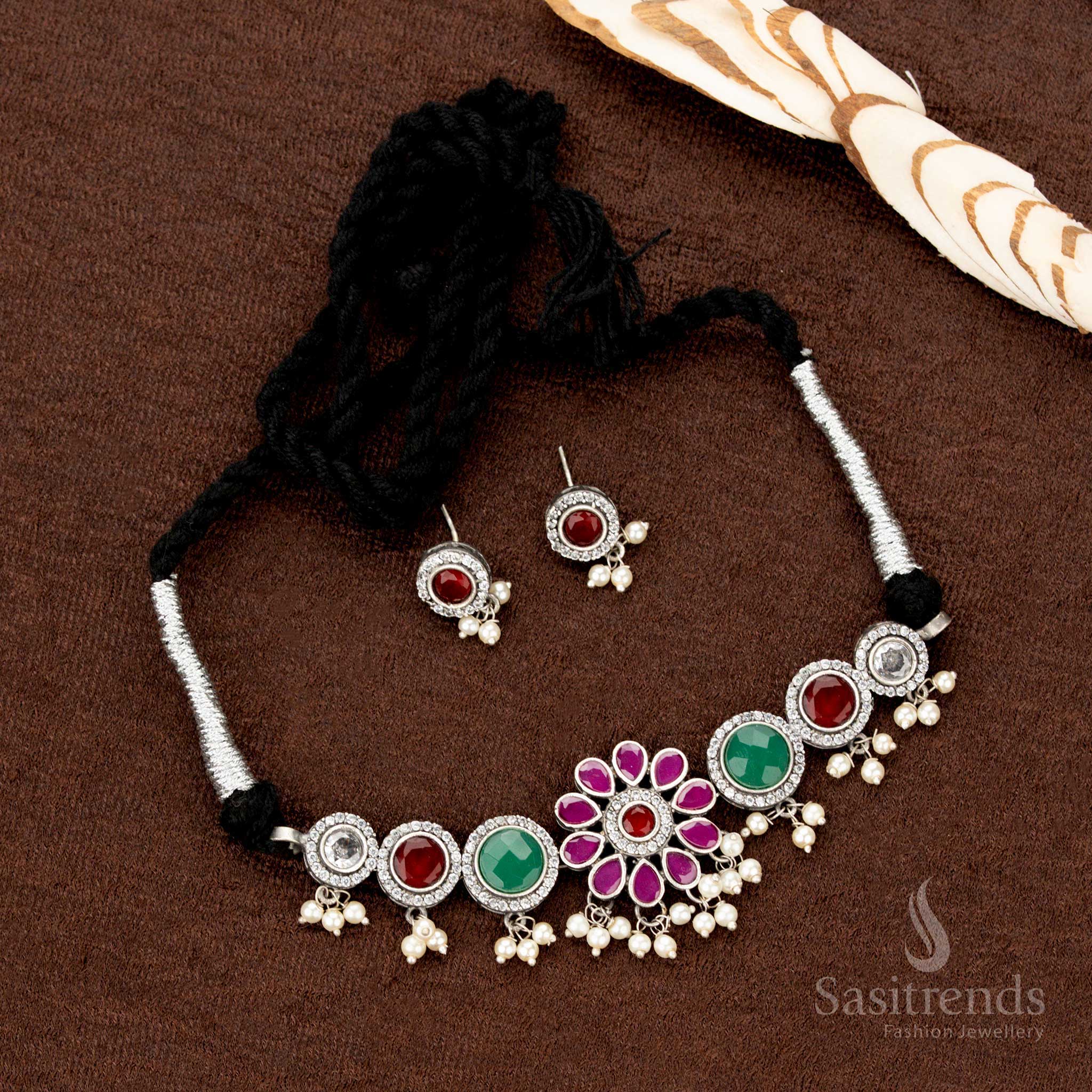 Elegant Oxidised Stone Choker Necklace Jewellery Set with Multistone Floral Motif and Pearl Hangings – Perfect for Traditional and Navaratri Wear - Sasitrends - Image 3