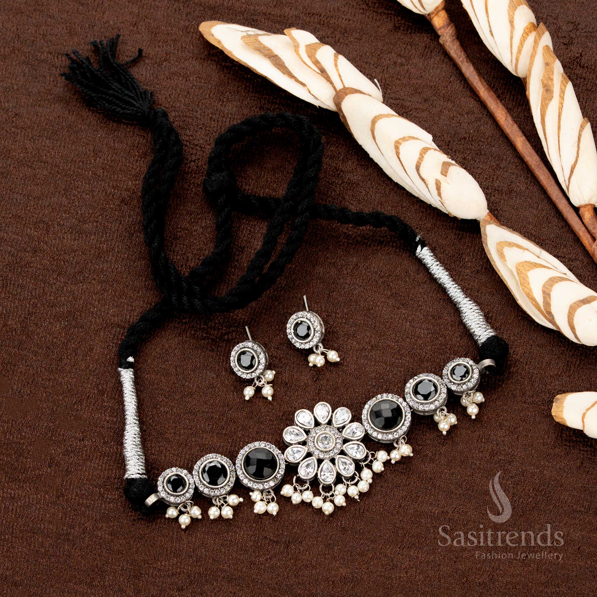 Elegant Oxidised Stone Choker Necklace Jewellery Set with Multistone Floral Motif and Pearl Hangings – Perfect for Traditional and Navaratri Wear - Sasitrends - Image 4