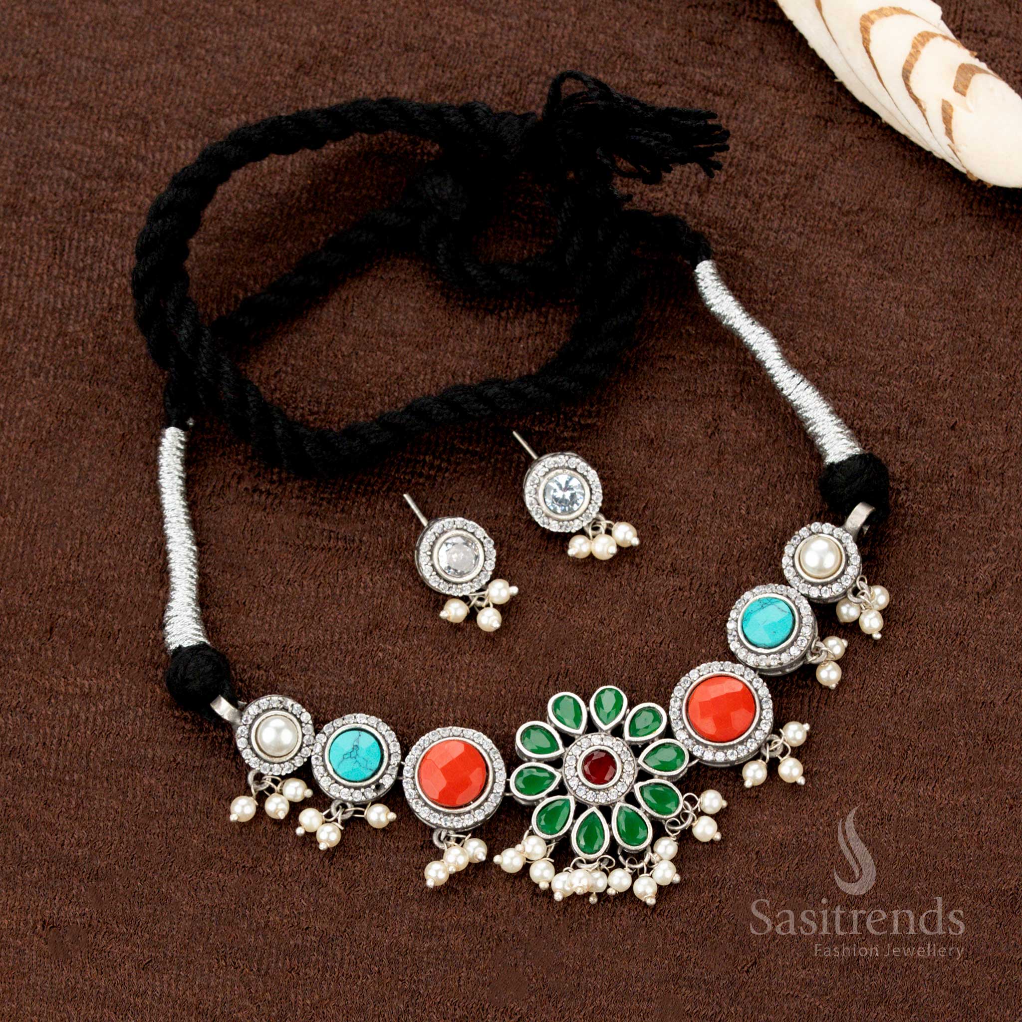 Elegant Oxidised Stone Choker Necklace Jewellery Set with Multistone Floral Motif and Pearl Hangings – Perfect for Traditional and Navaratri Wear - Sasitrends - Image 5