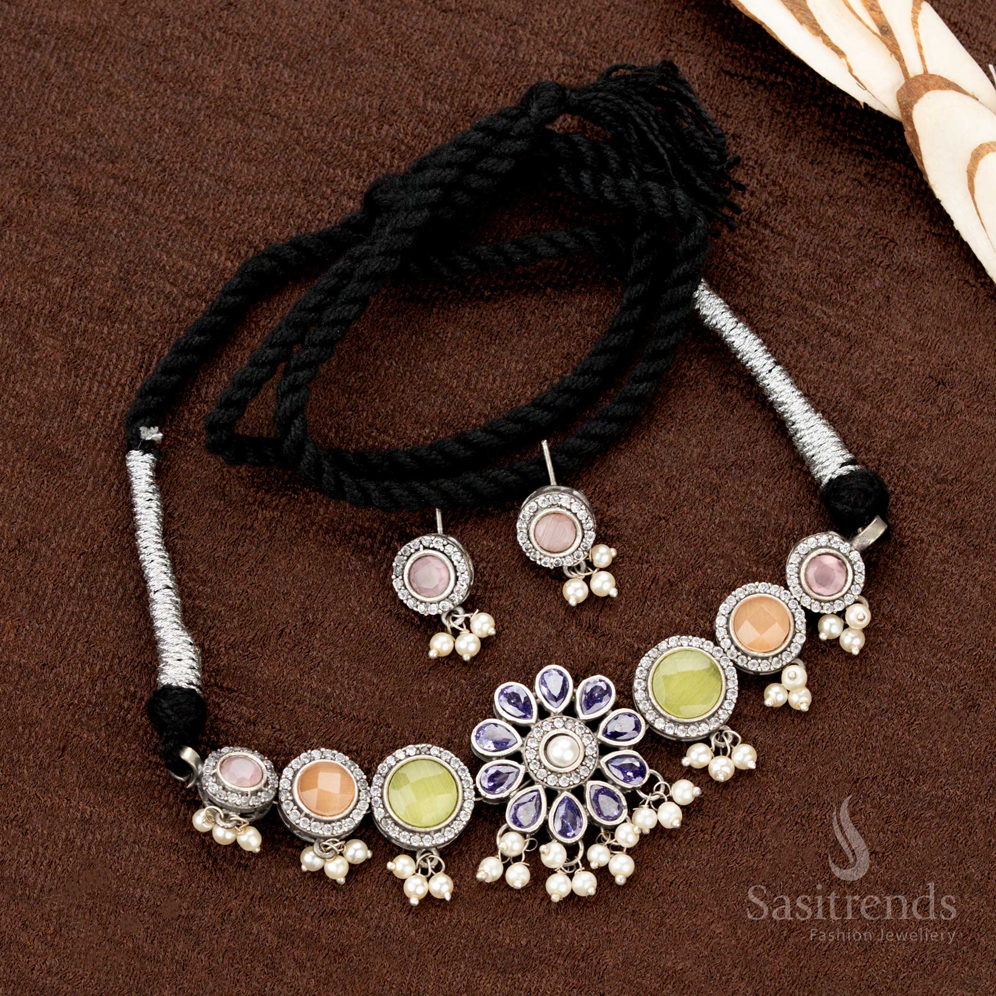 Elegant Oxidised Stone Choker Necklace Jewellery Set with Multistone Floral Motif and Pearl Hangings – Perfect for Traditional and Navaratri Wear - Sasitrends - Image 6
