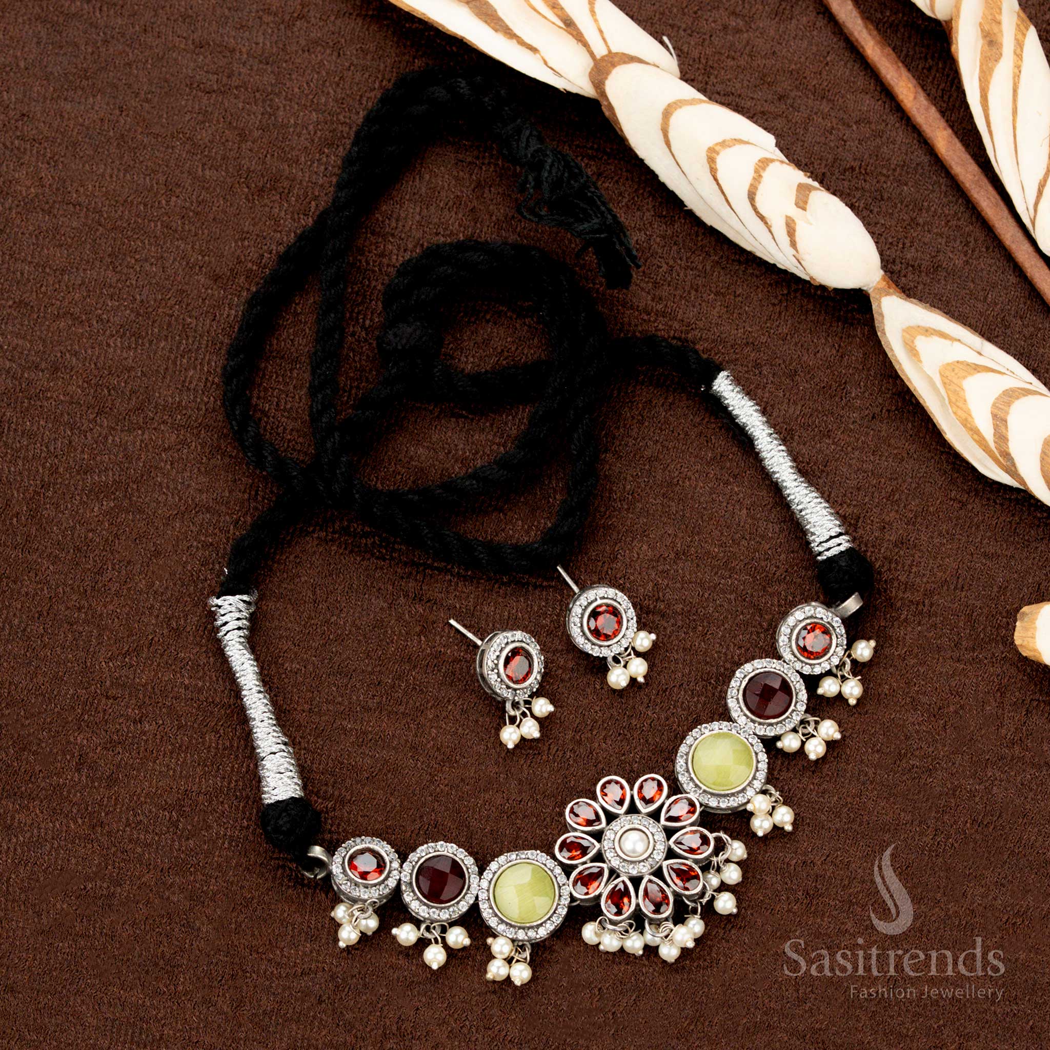 Elegant Oxidised Stone Choker Necklace Jewellery Set with Multistone Floral Motif and Pearl Hangings – Perfect for Traditional and Navaratri Wear - Sasitrends - Image 7