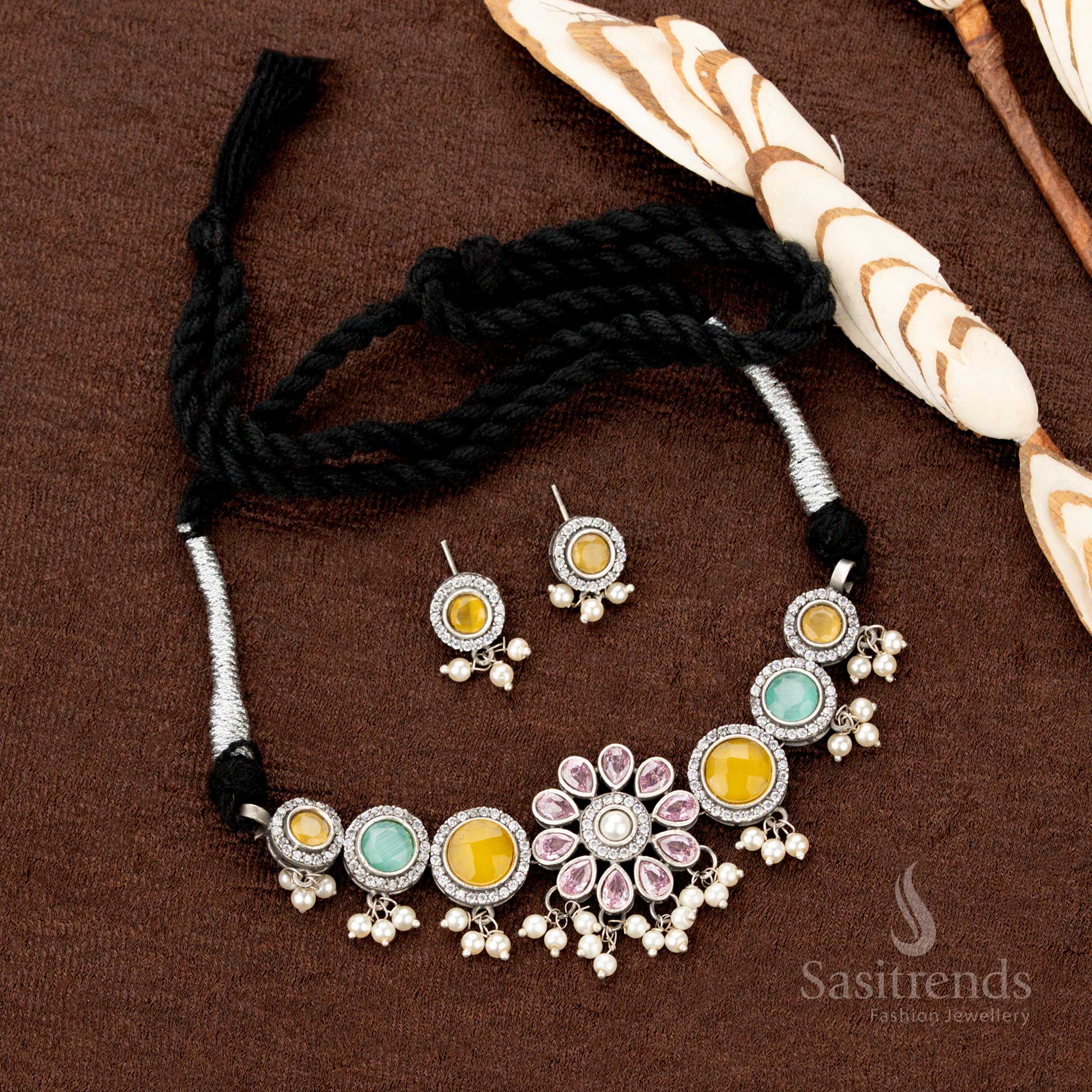 Elegant Oxidised Stone Choker Necklace Jewellery Set with Multistone Floral Motif and Pearl Hangings – Perfect for Traditional and Navaratri Wear - Sasitrends - Image 8