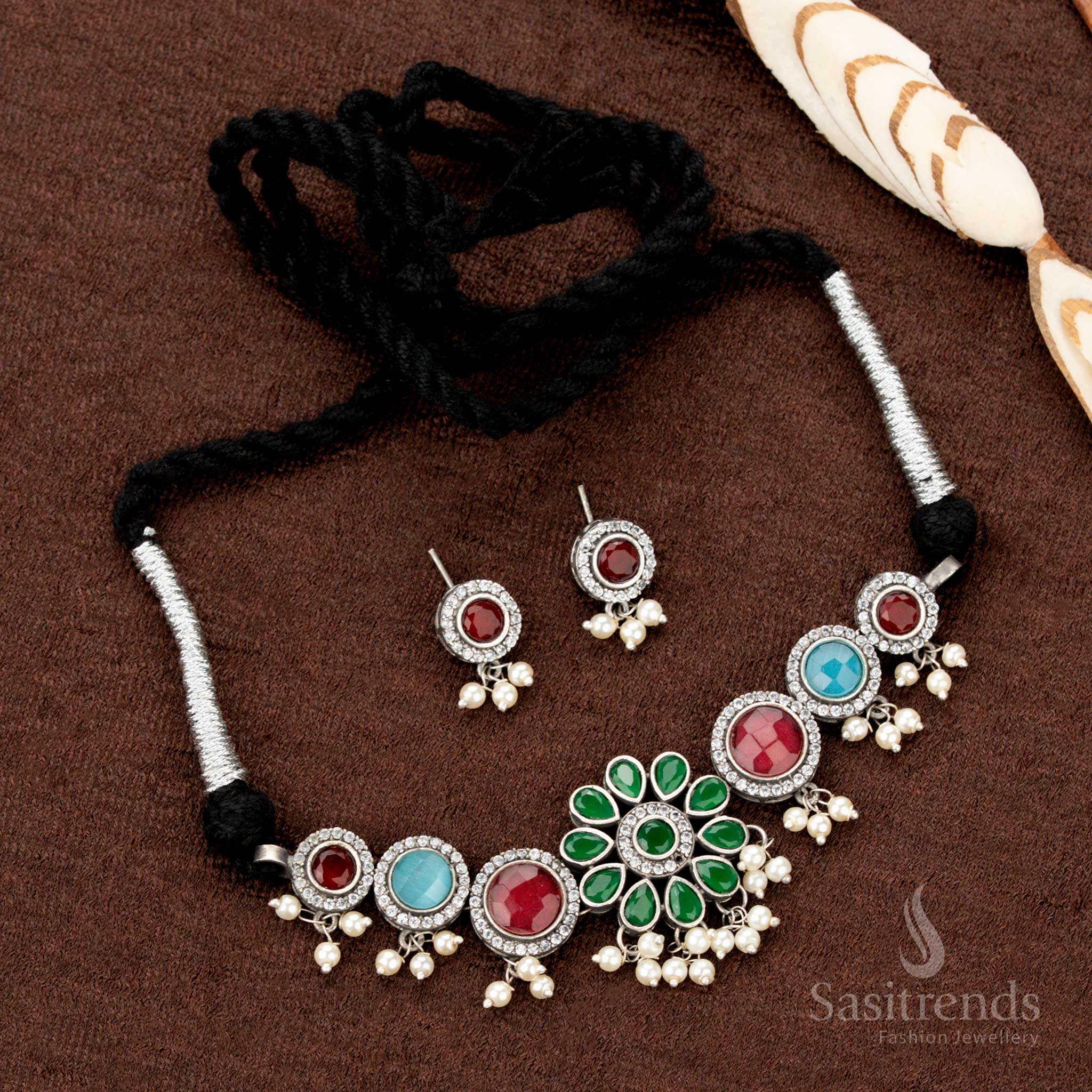 Elegant Oxidised Stone Choker Necklace Jewellery Set with Multistone Floral Motif and Pearl Hangings – Perfect for Traditional and Navaratri Wear - Sasitrends - Image 9