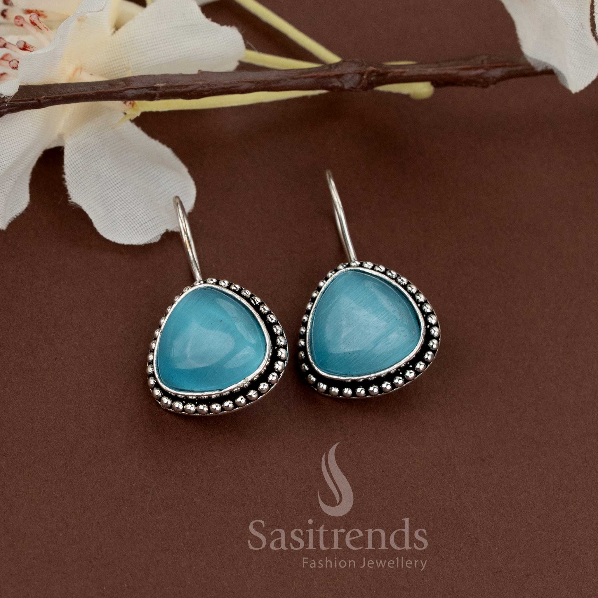 Oxidised Teardrop Natural Stone Earrings with Beaded Frame for Casual and Gatherings - Sasitrends - Image 5