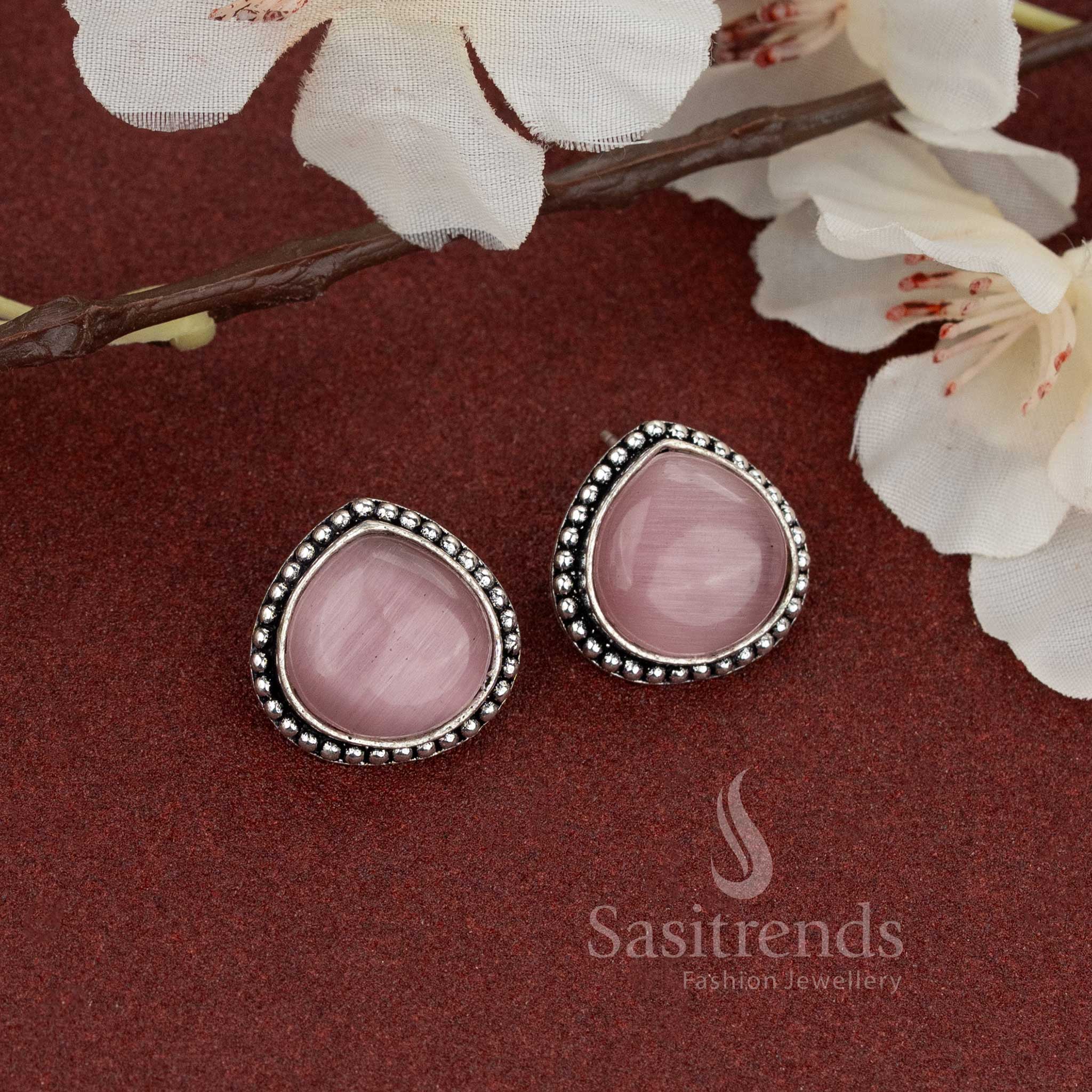 Oxidised Silver Stud Earrings with Natural Teardrop Stone - Sasitrends
