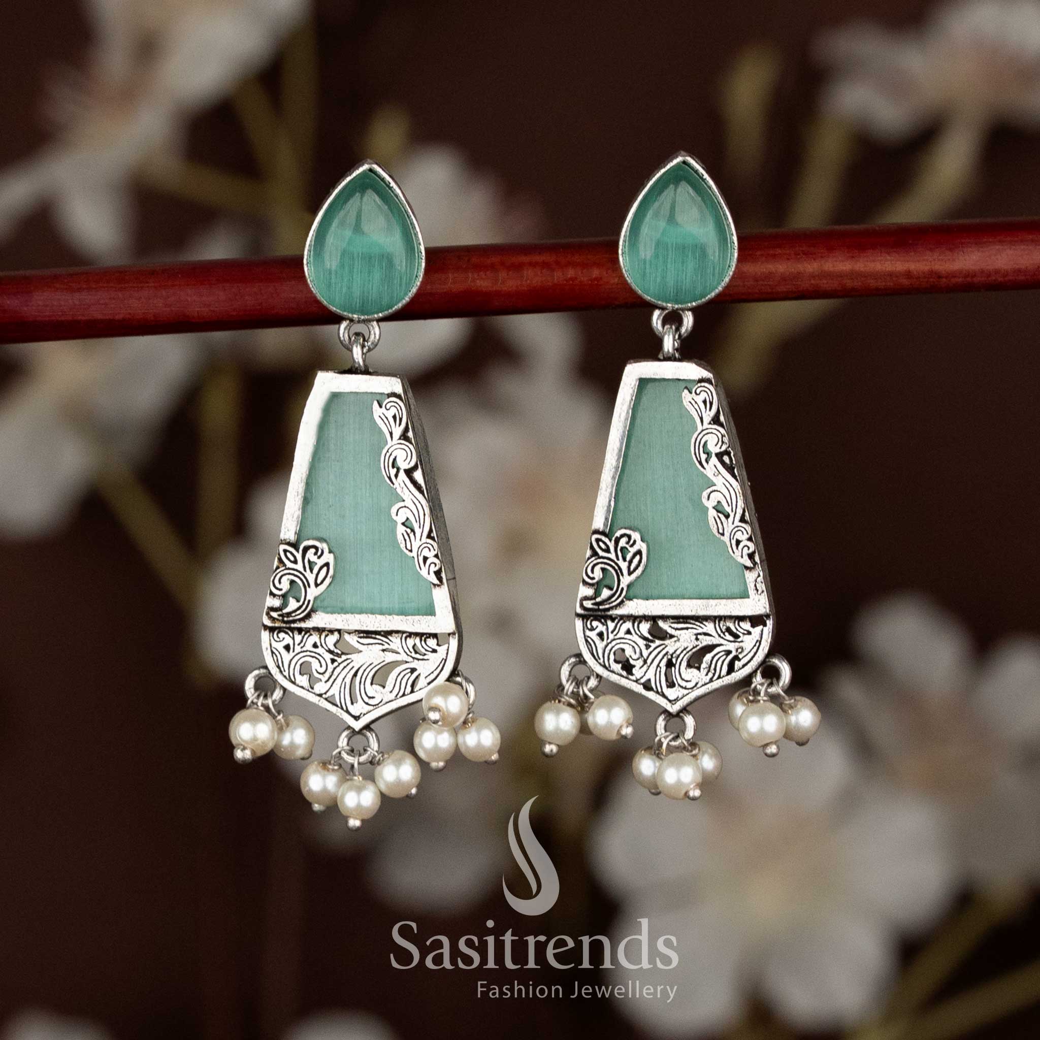 Oxidised Teardrop Stud Trapezoid-Shaped Drop Earrings – Navarathri Wear - Image 4