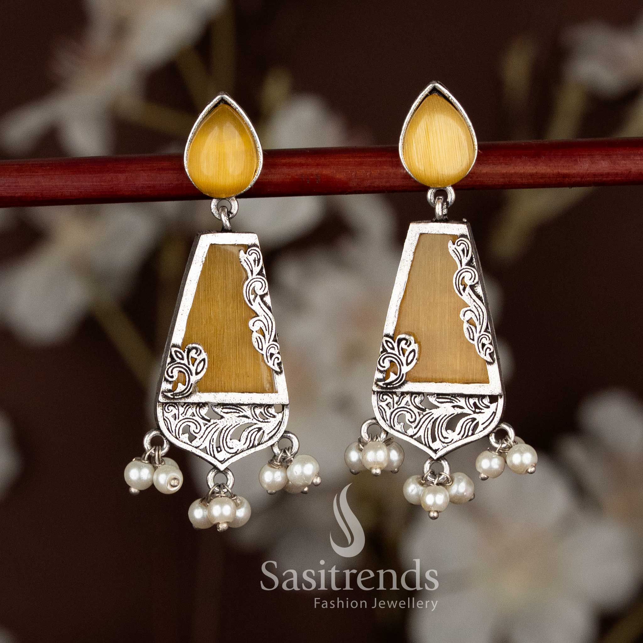 Oxidised Teardrop Stud Trapezoid-Shaped Drop Earrings – Navarathri Wear - Image 7