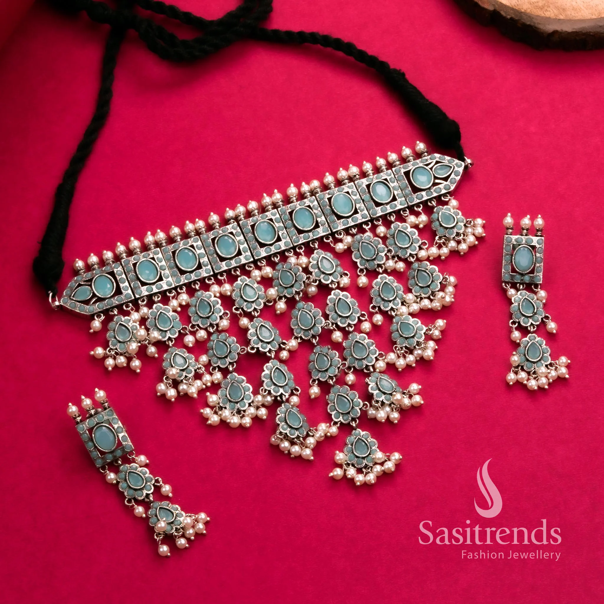 Trendy Party Look Oxidised Choker Necklace Jewellery Set with Pearl Earrings | Sasitrends