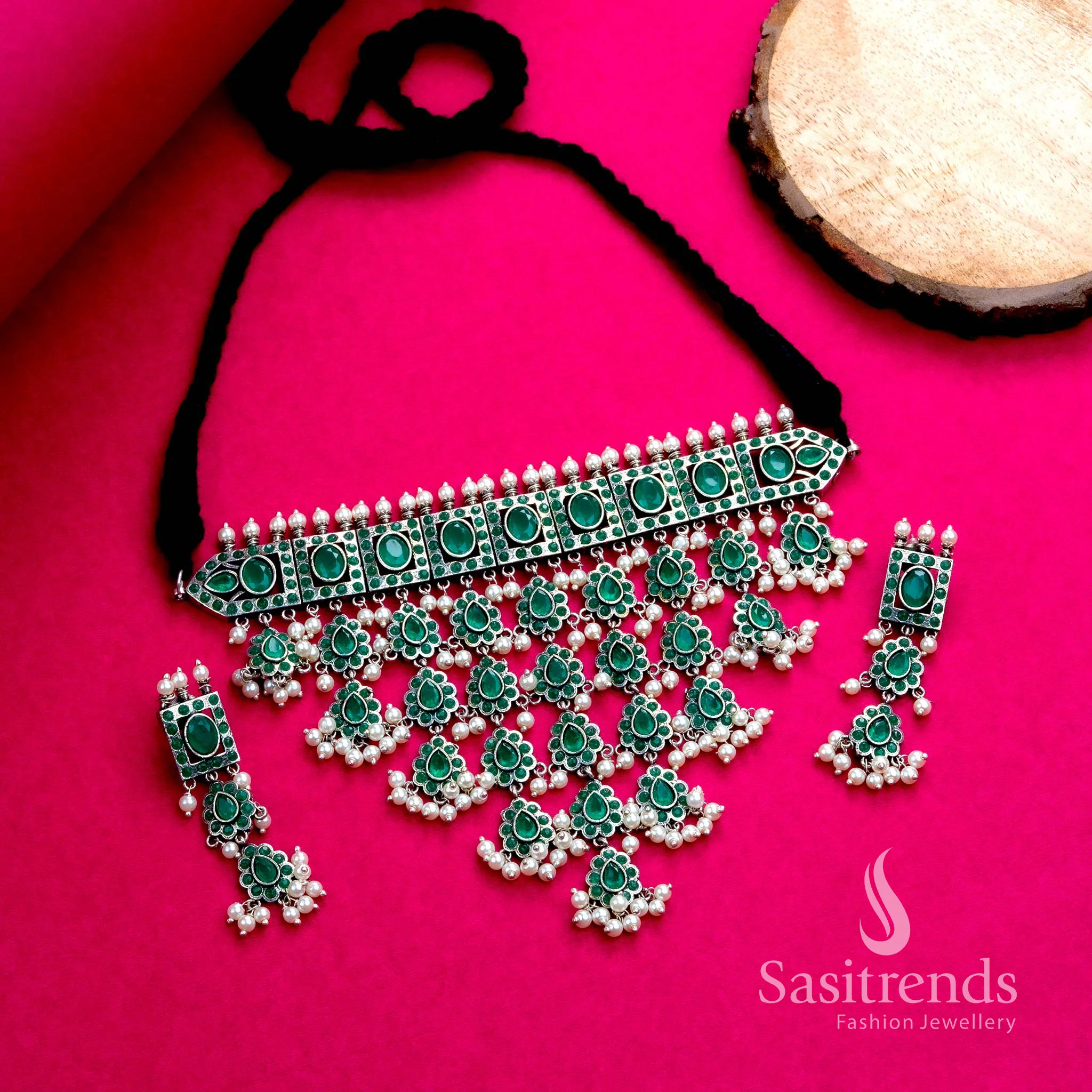 Trendy Party Look Oxidised Choker Necklace Jewellery Set with Pearl Earrings | Sasitrends - Image 3