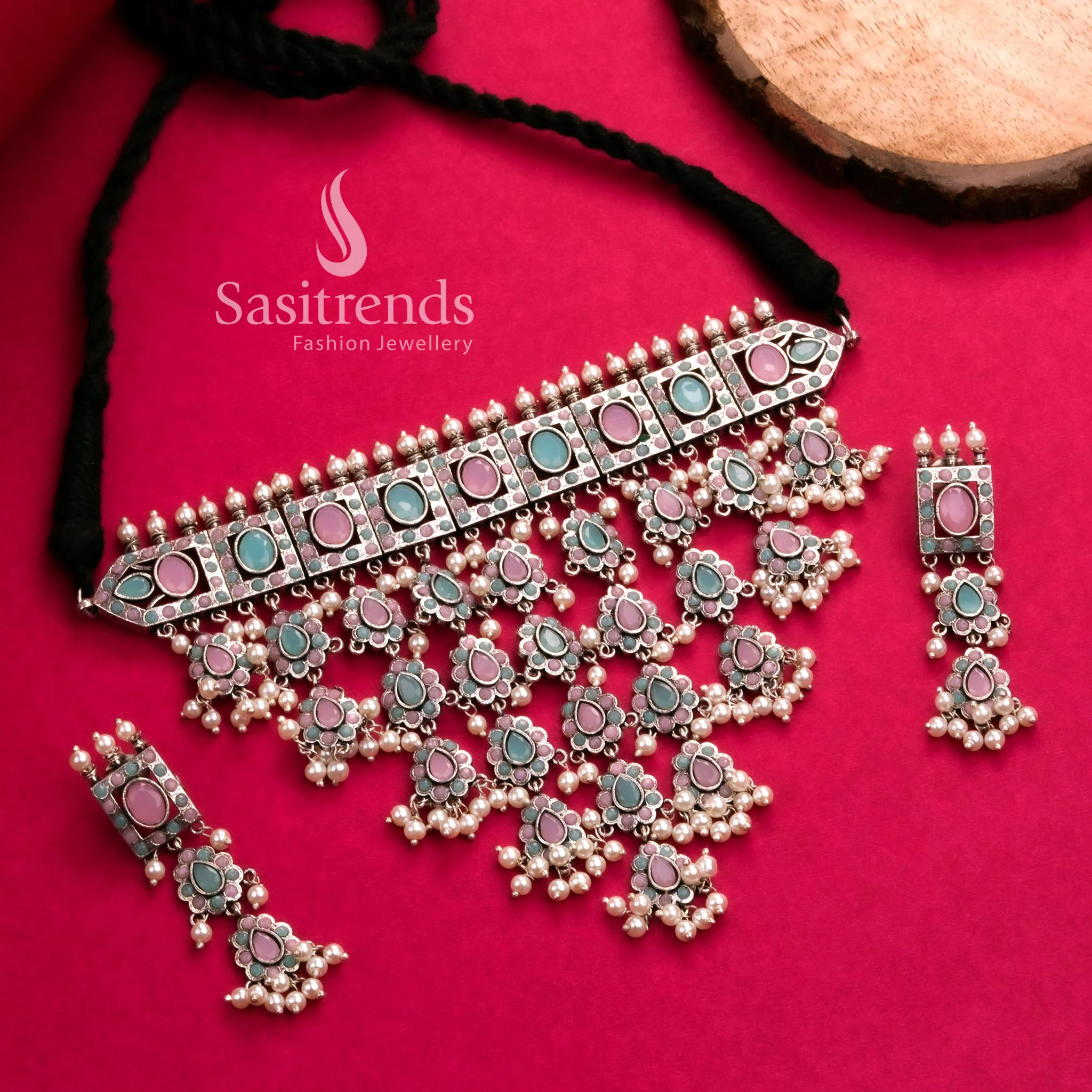 Trendy Party Look Oxidised Choker Necklace Jewellery Set with Pearl Earrings | Sasitrends - Image 4