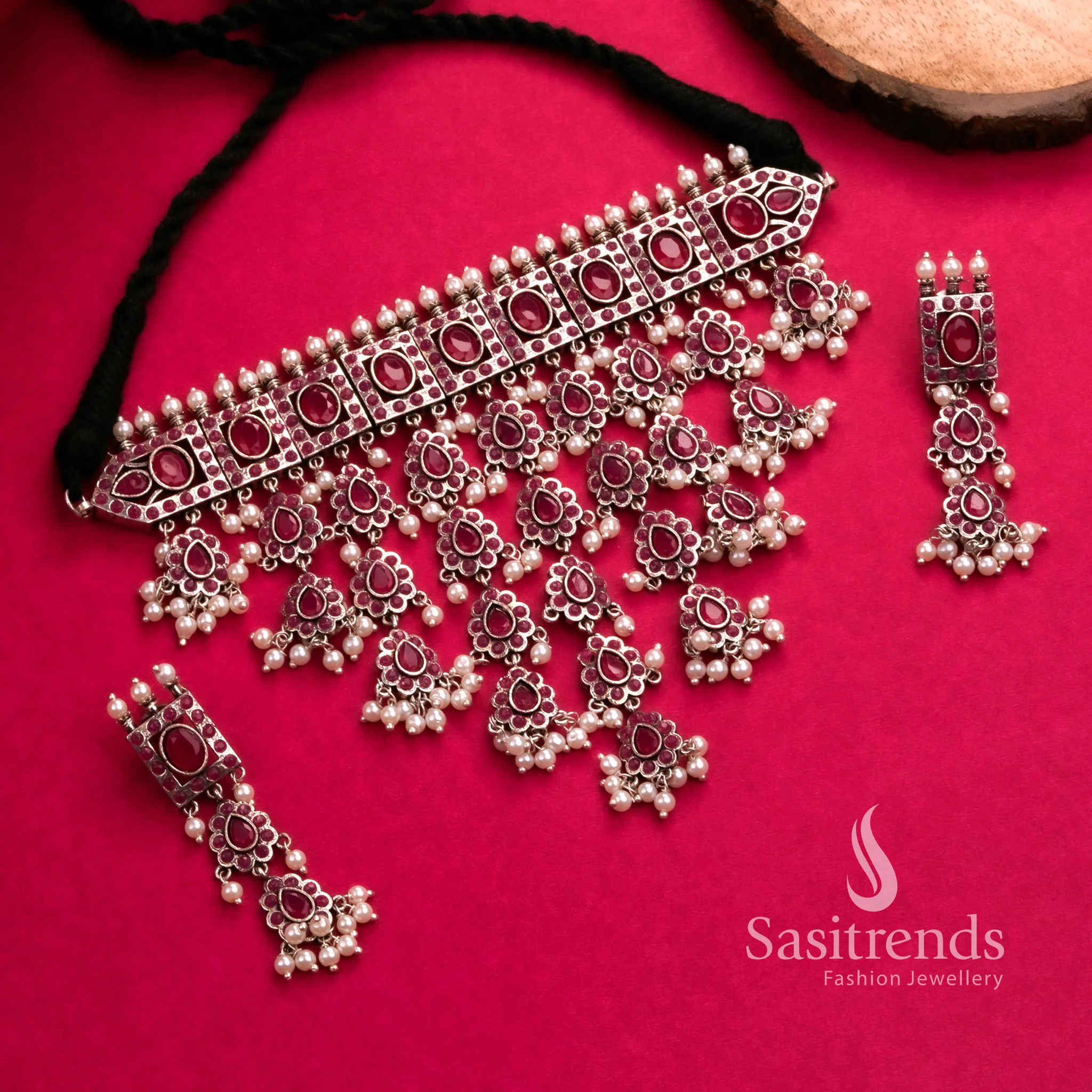 Trendy Party Look Oxidised Choker Necklace Jewellery Set with Pearl Earrings | Sasitrends - Image 5