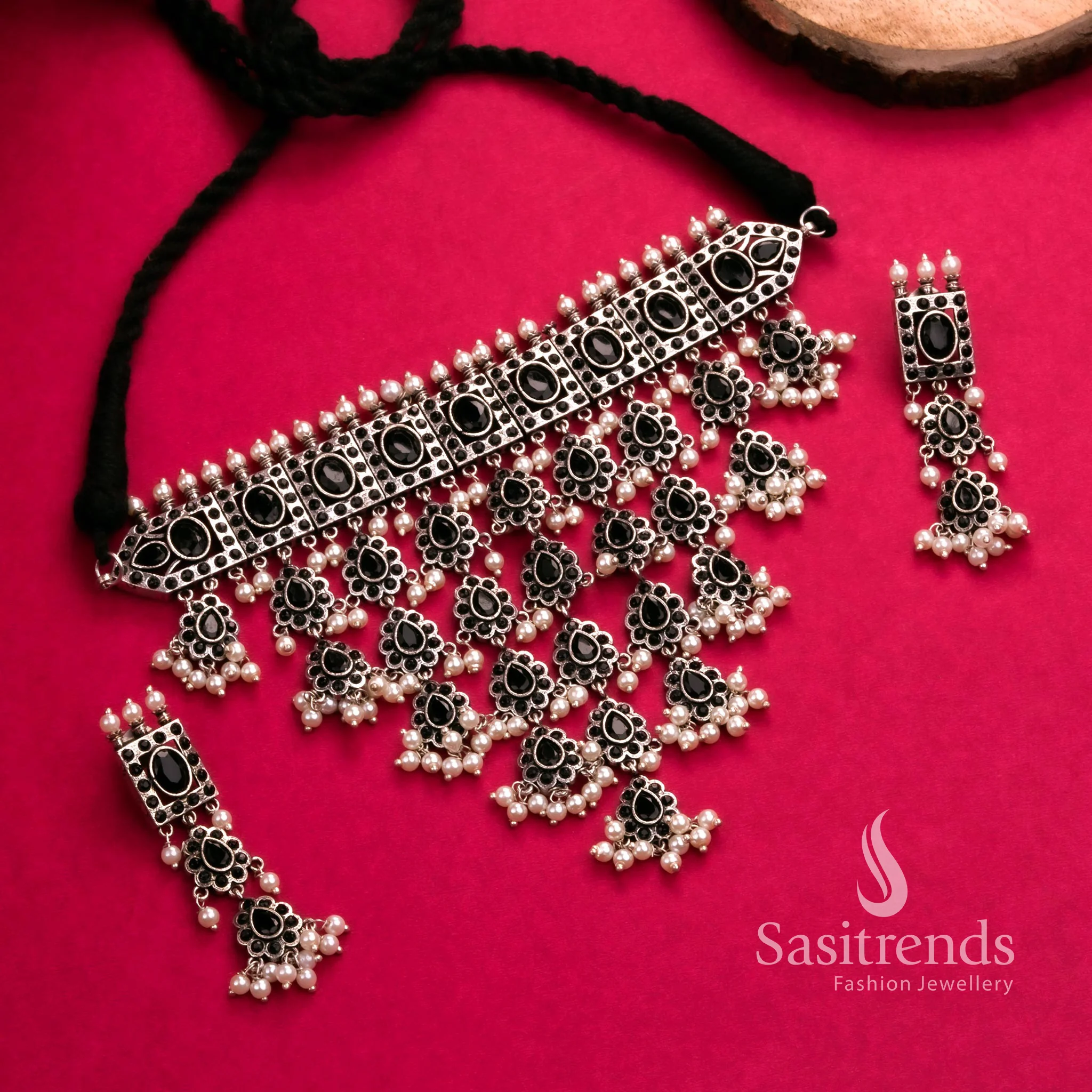 Trendy Party Look Oxidised Choker Necklace Jewellery Set with Pearl Earrings | Sasitrends - Image 6