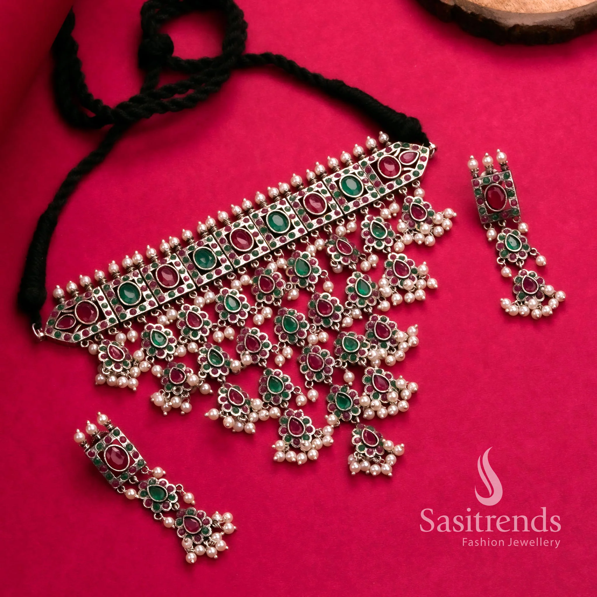 Trendy Party Look Oxidised Choker Necklace Jewellery Set with Pearl Earrings | Sasitrends - Image 7