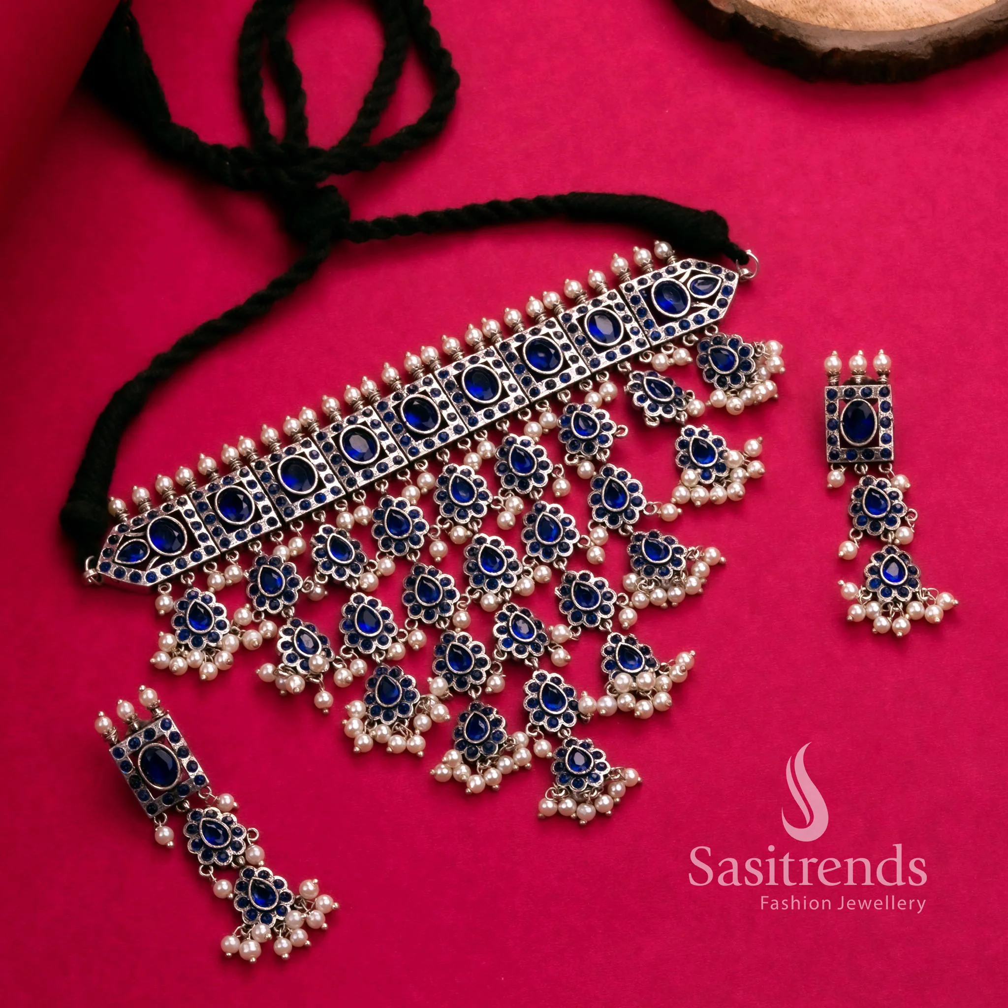 Trendy Party Look Oxidised Choker Necklace Jewellery Set with Pearl Earrings | Sasitrends - Image 8