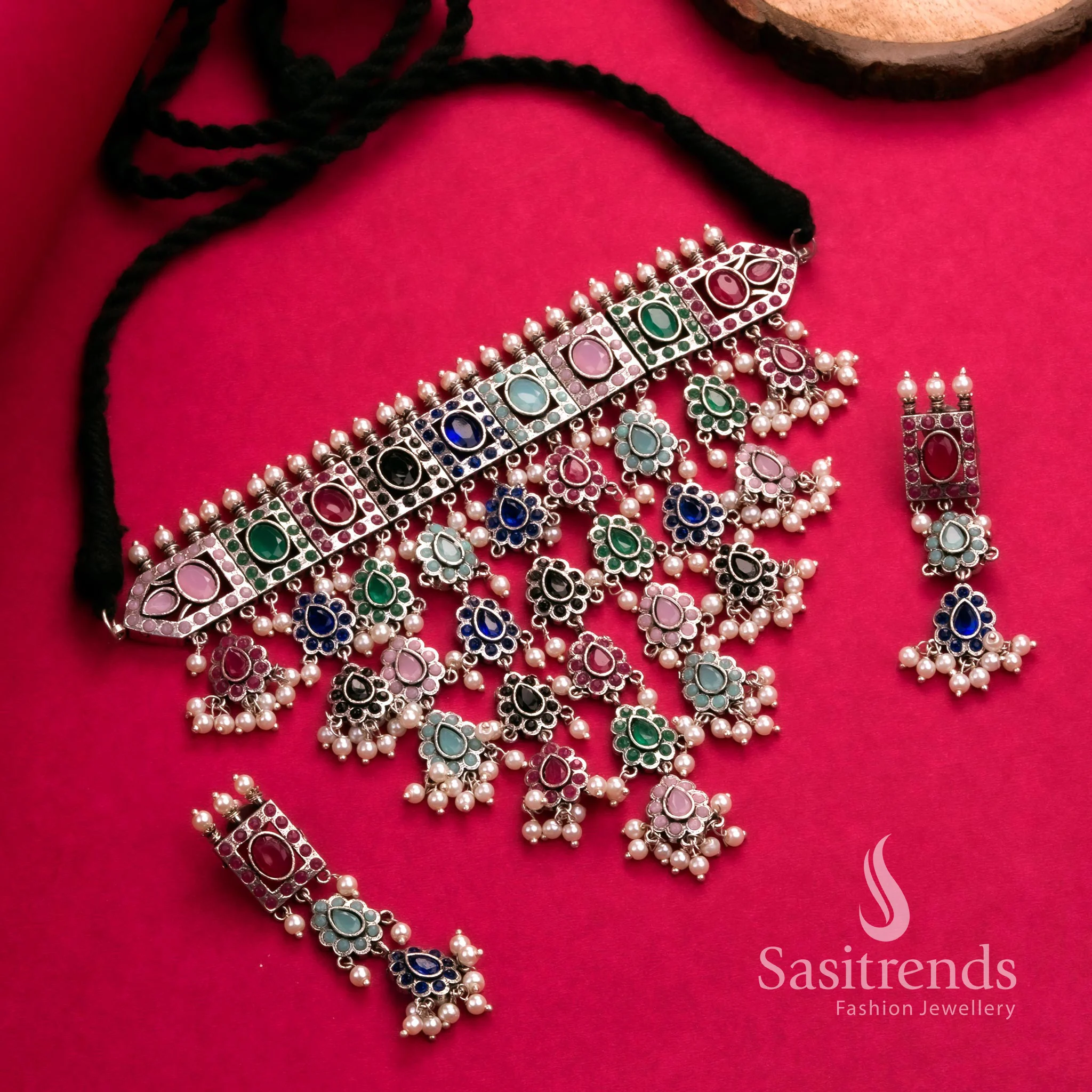 Trendy Party Look Oxidised Choker Necklace Jewellery Set with Pearl Earrings | Sasitrends - Image 9