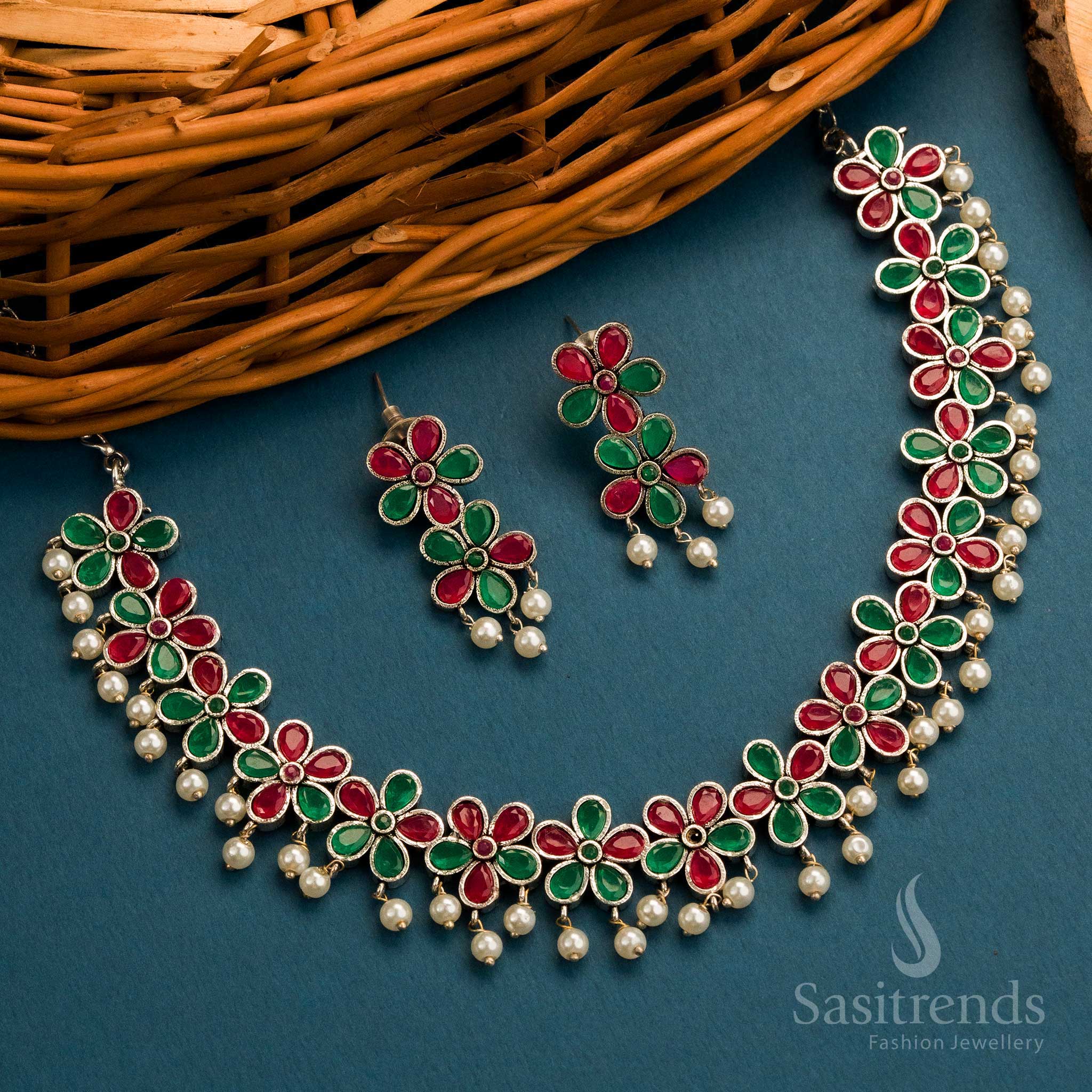 New Collection: Trendy Oxidised  Floral Necklace Stones Jewellery Set with Earrings & Pearls for Women - Image 2
