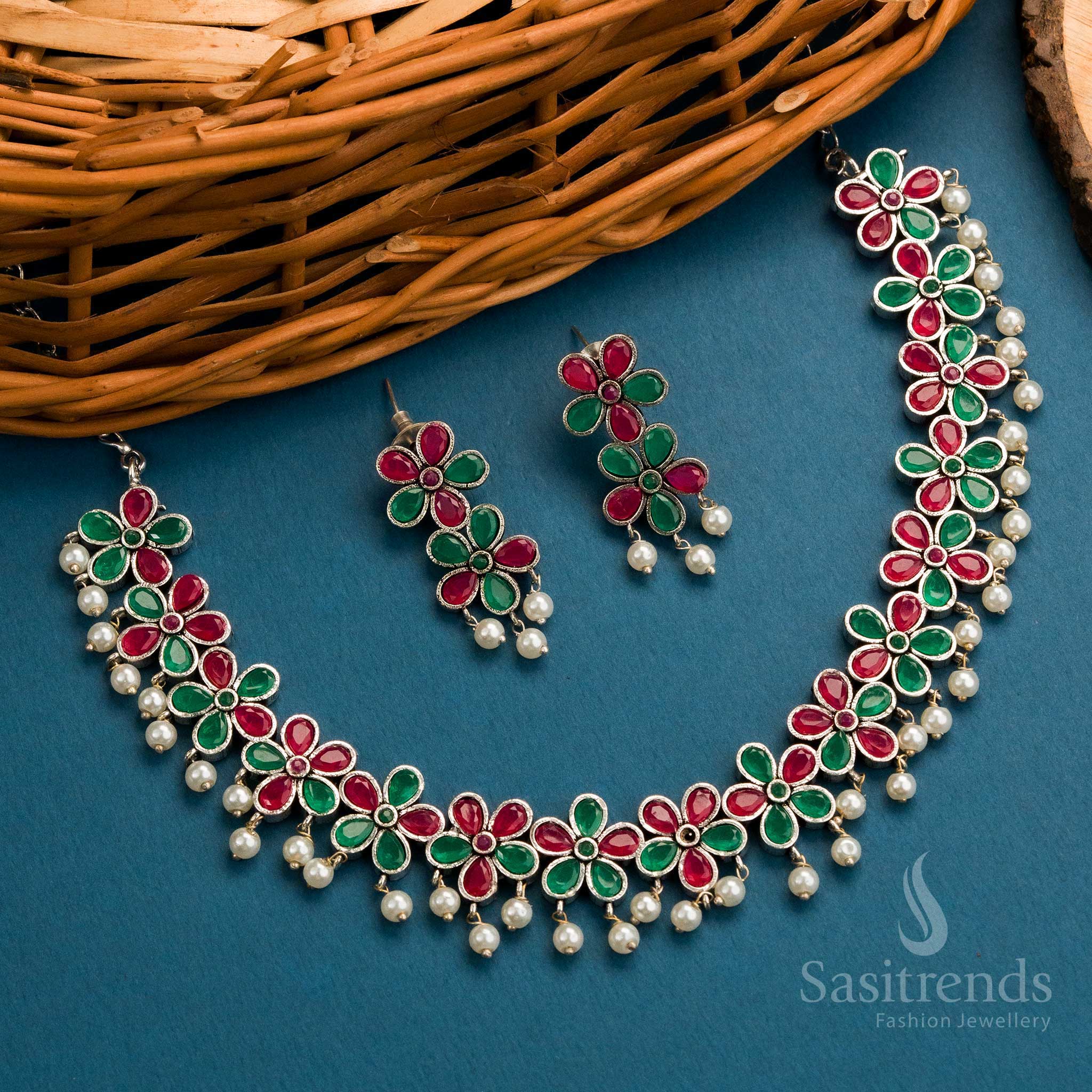 New Collection: Trendy Oxidised  Floral Necklace Stones Jewellery Set with Earrings & Pearls for Women - Image 3