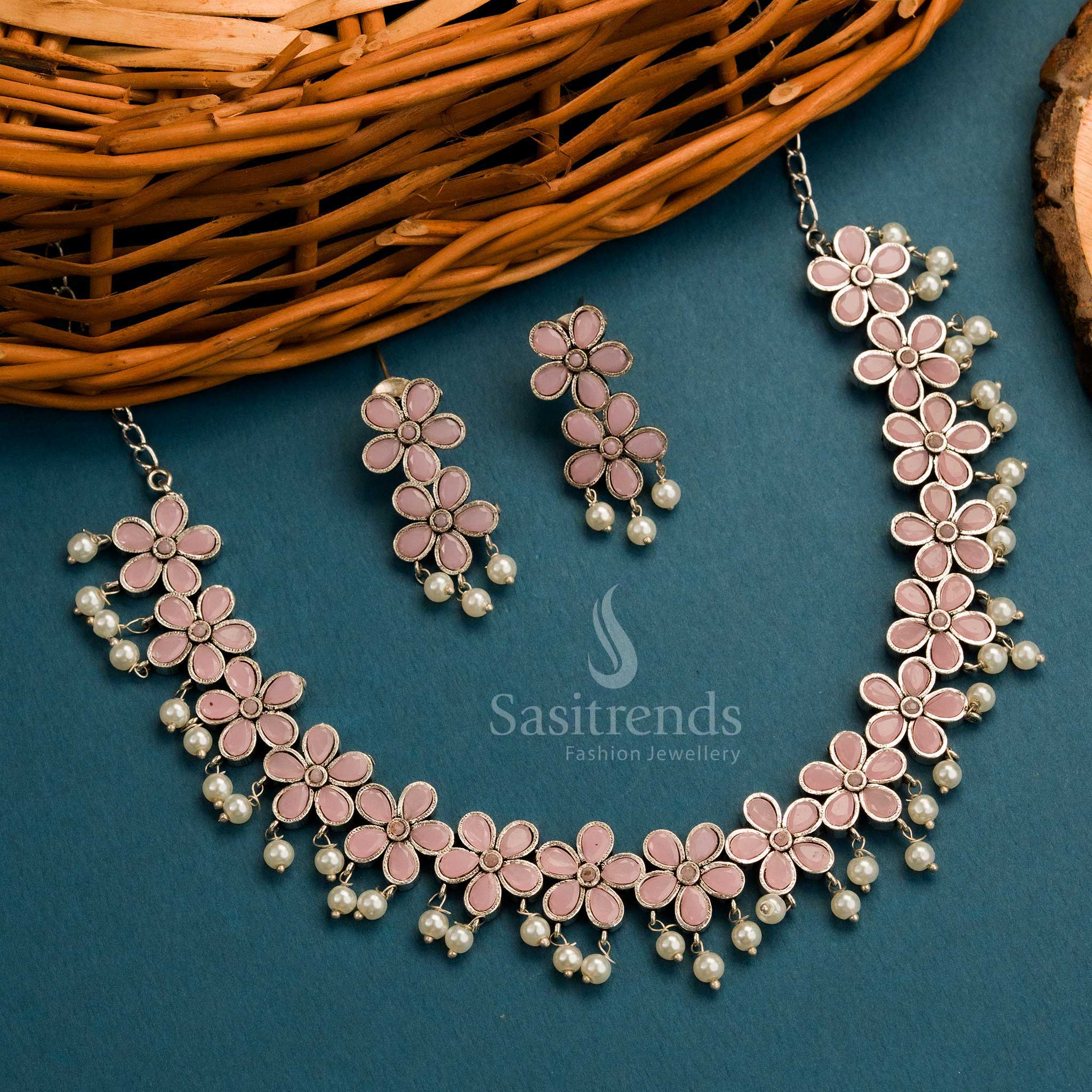 New Collection: Trendy Oxidised  Floral Necklace Stones Jewellery Set with Earrings & Pearls for Women - Image 4