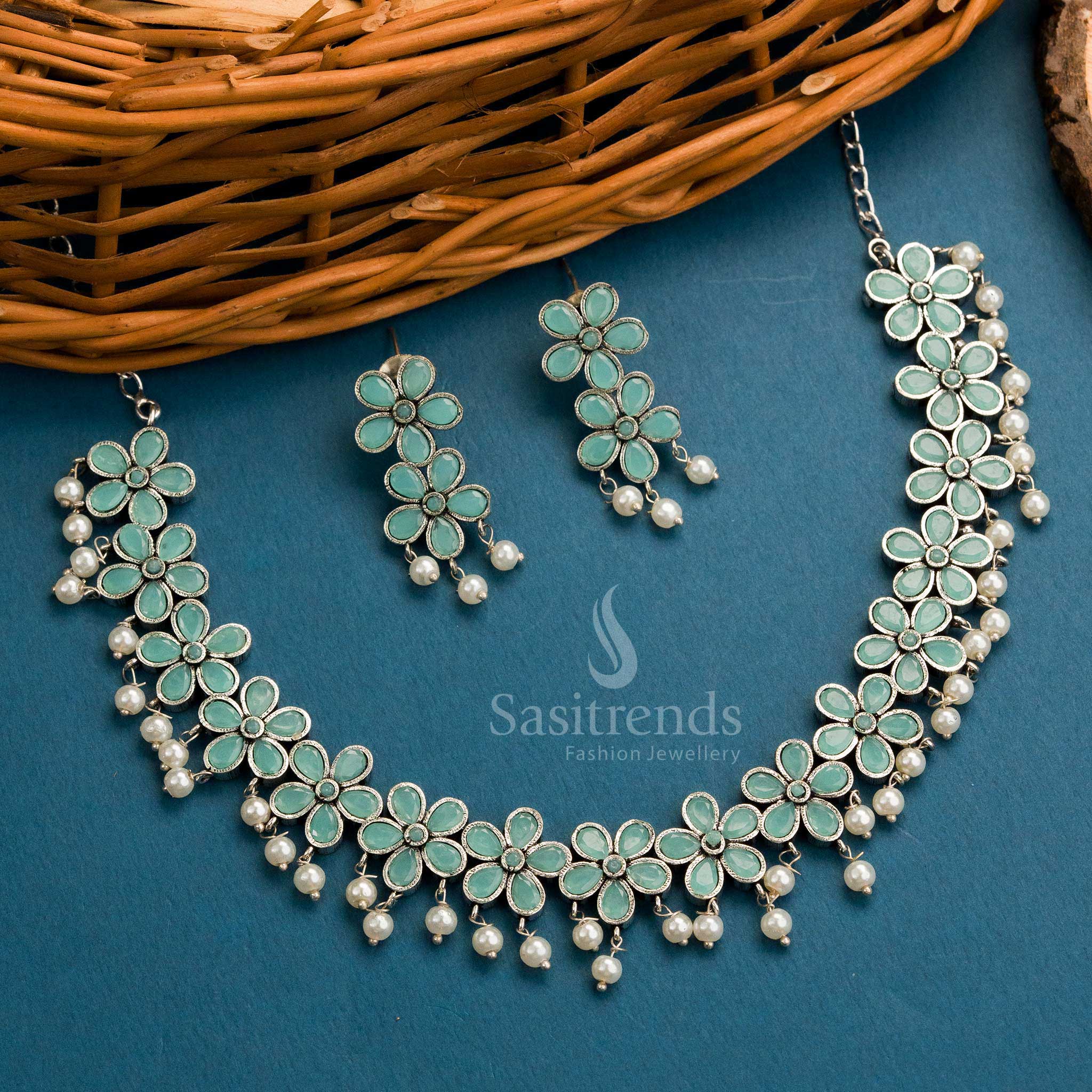 New Collection: Trendy Oxidised  Floral Necklace Stones Jewellery Set with Earrings & Pearls for Women - Image 9