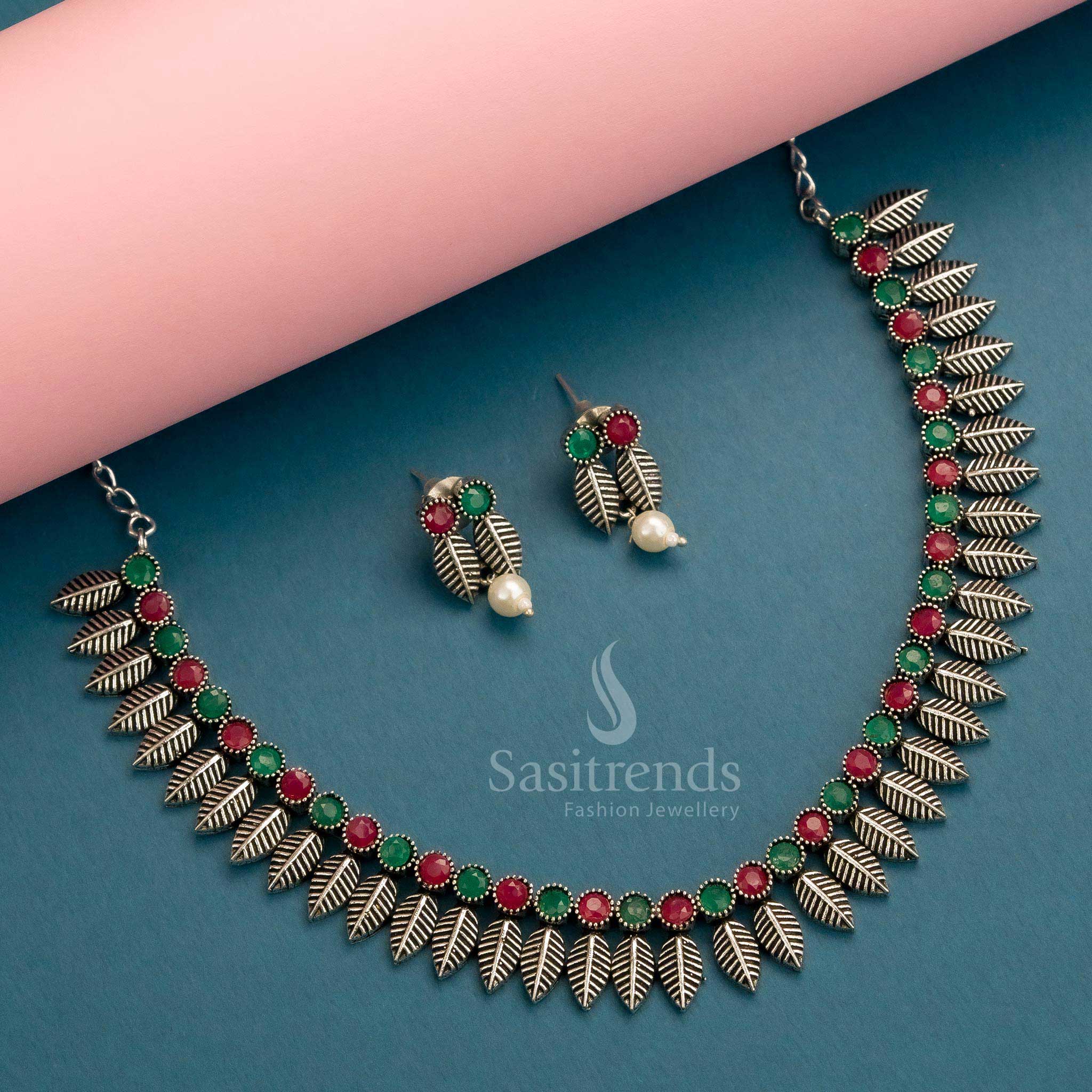 Latest Oxidised Stones Necklace with Earrings Jewellery Set: Trendy Leaf Pattern Design | Sasitrends - Image 2