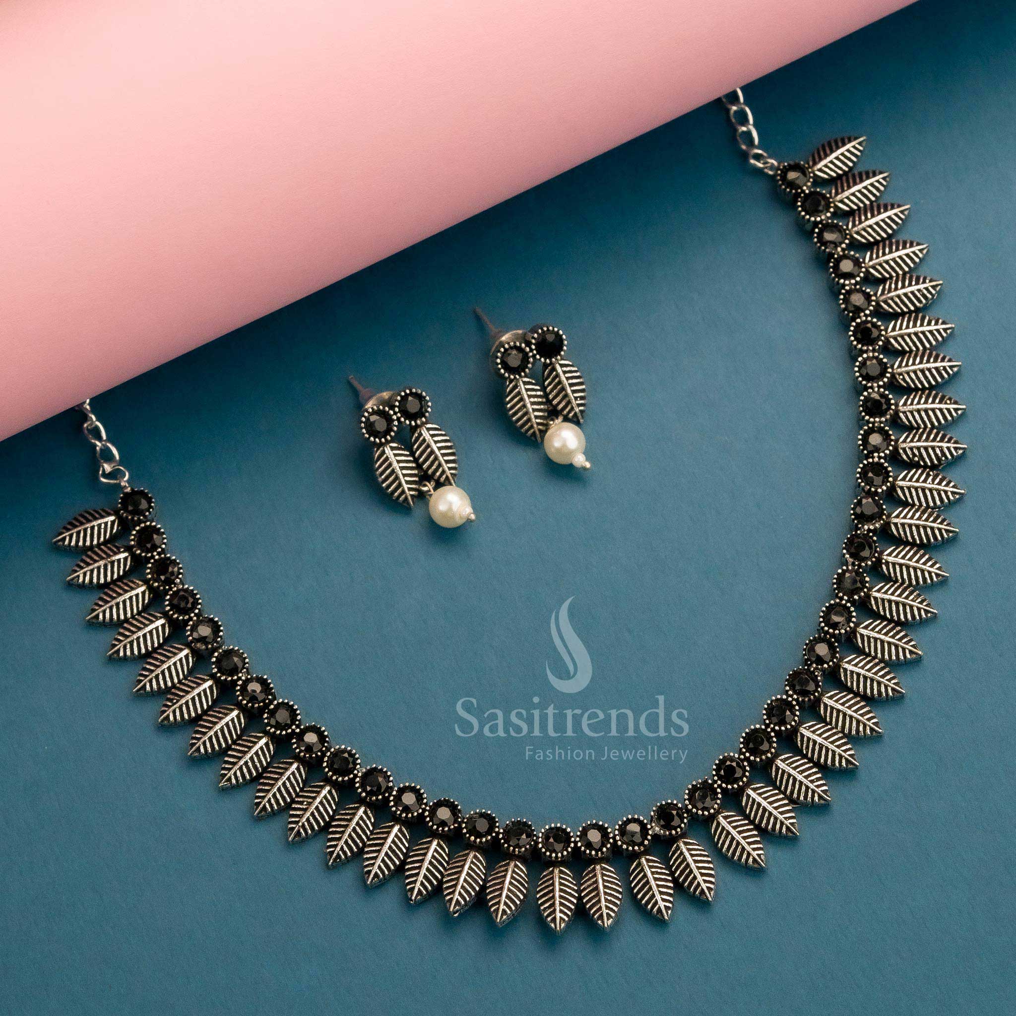 Latest Oxidised Stones Necklace with Earrings Jewellery Set: Trendy Leaf Pattern Design | Sasitrends - Image 6
