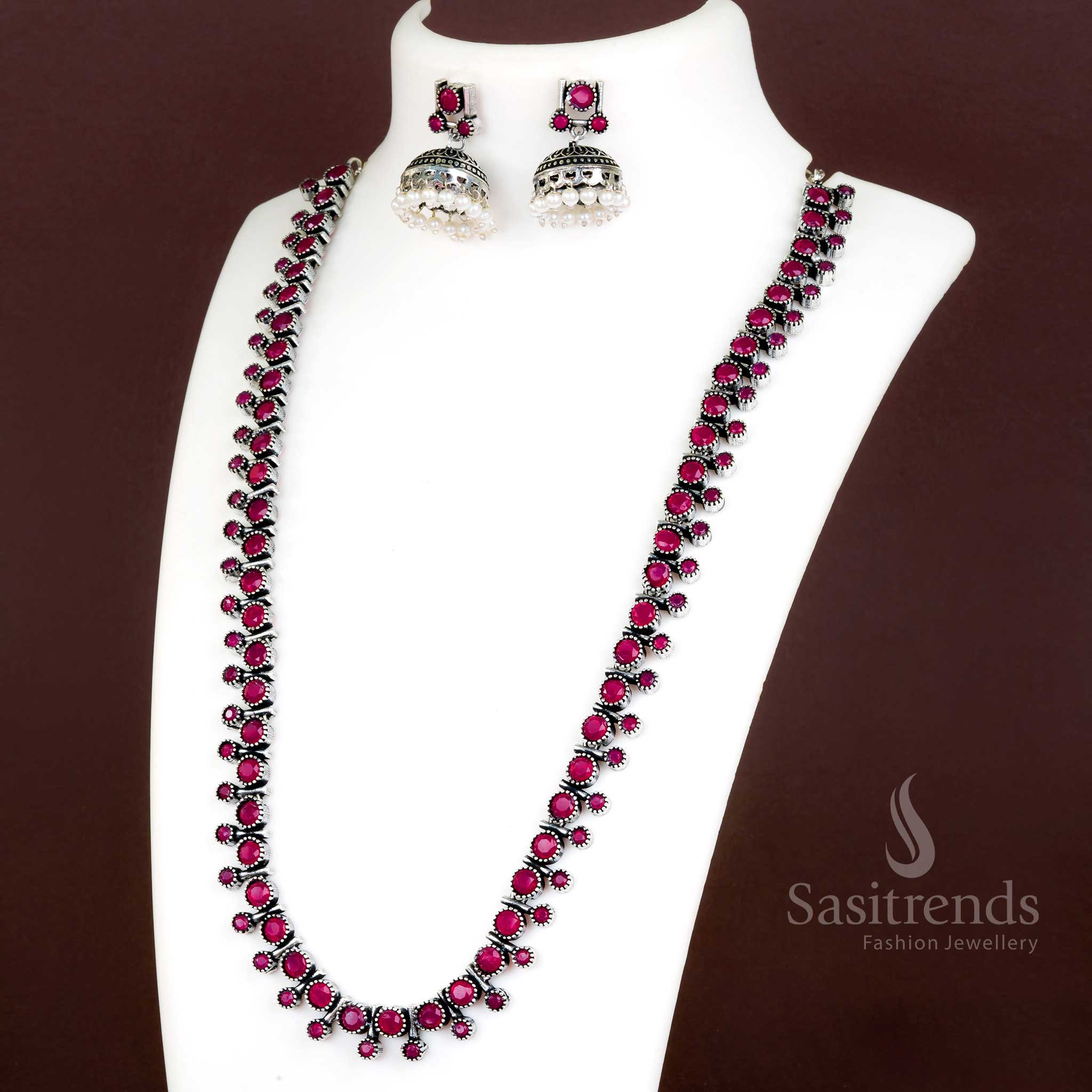 Trendy Oxidised Silver Stones Stud Necklace with Jhumkas and Pearls - Latest Jewellery Set