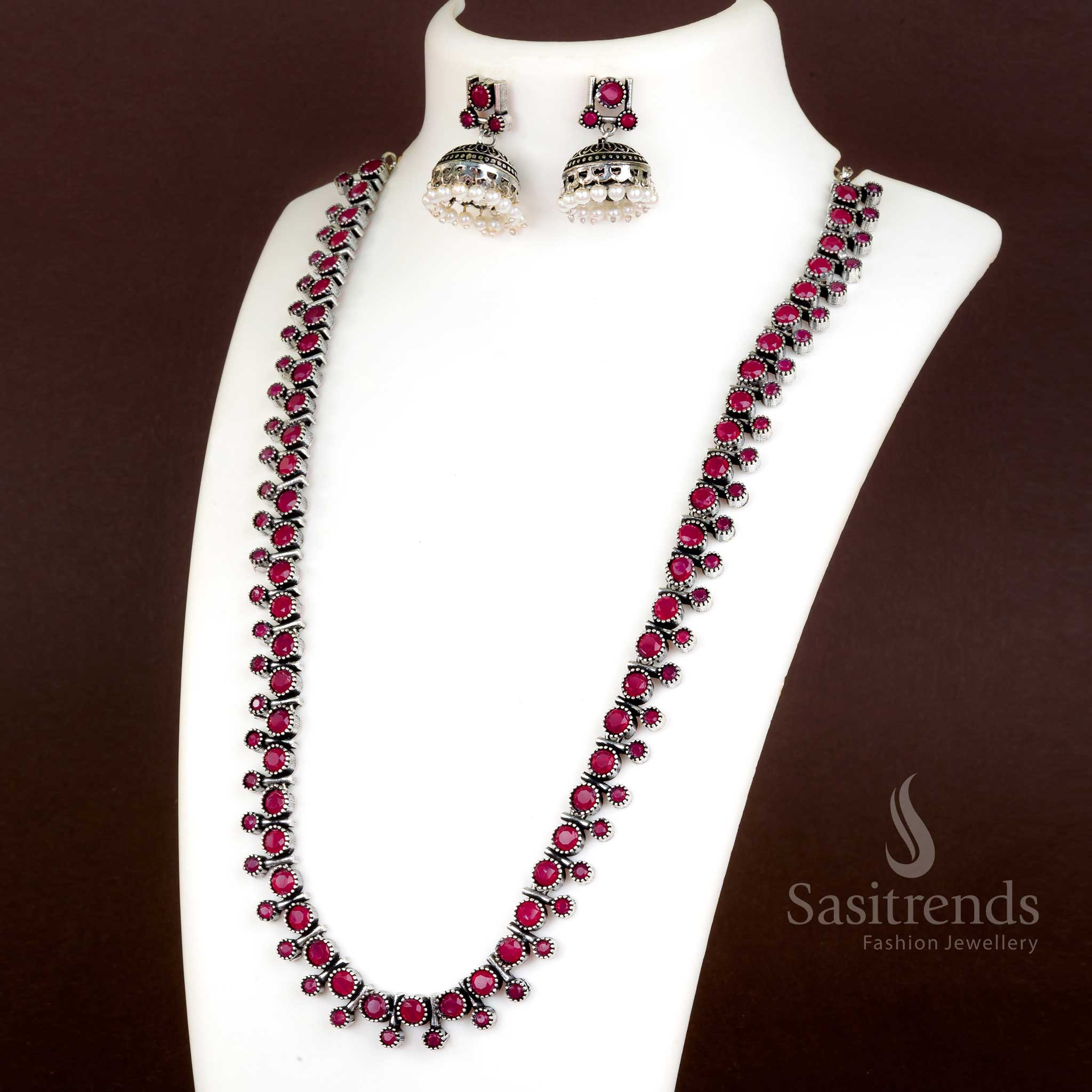Trendy Oxidised Silver Stones Stud Necklace with Jhumkas and Pearls - Latest Jewellery Set - Image 2