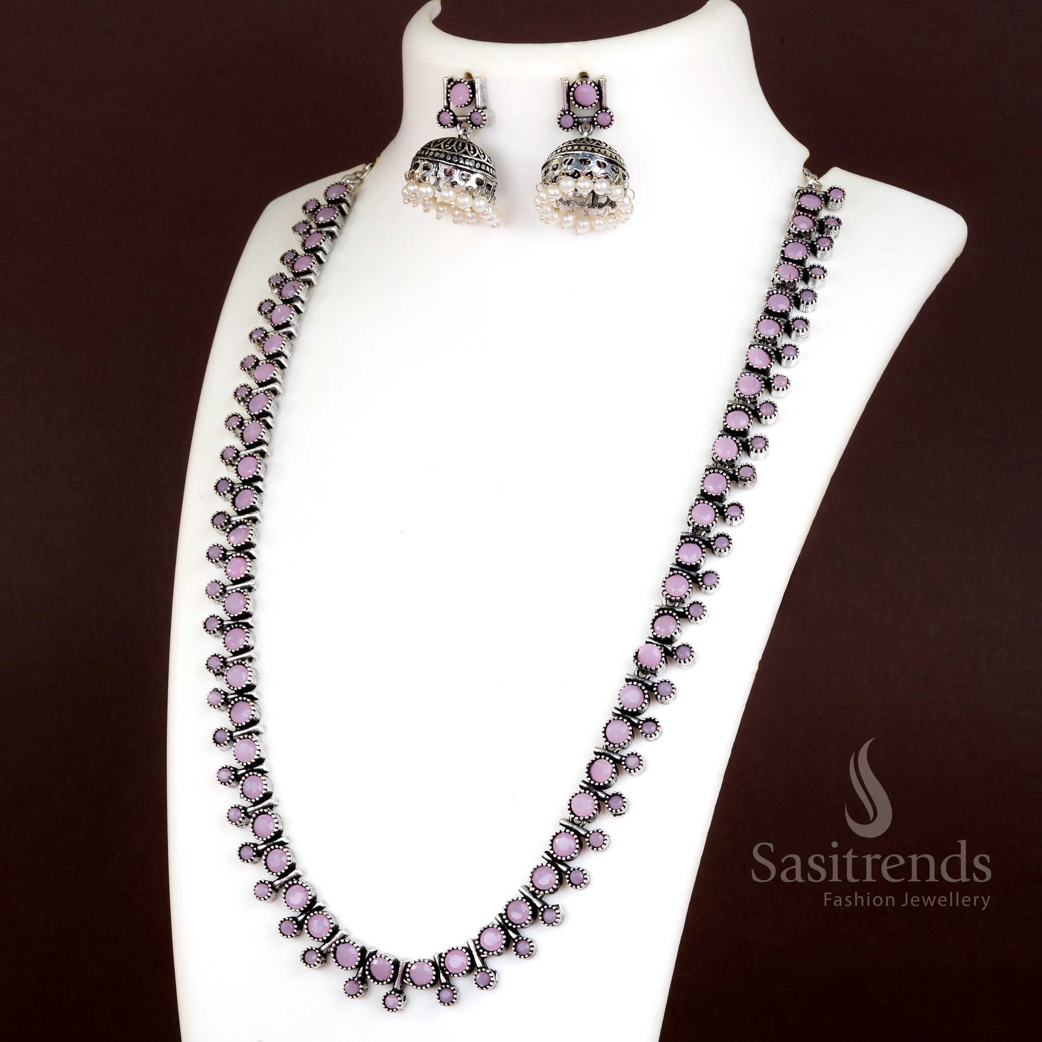 Trendy Oxidised Silver Stones Stud Necklace with Jhumkas and Pearls - Latest Jewellery Set - Image 3