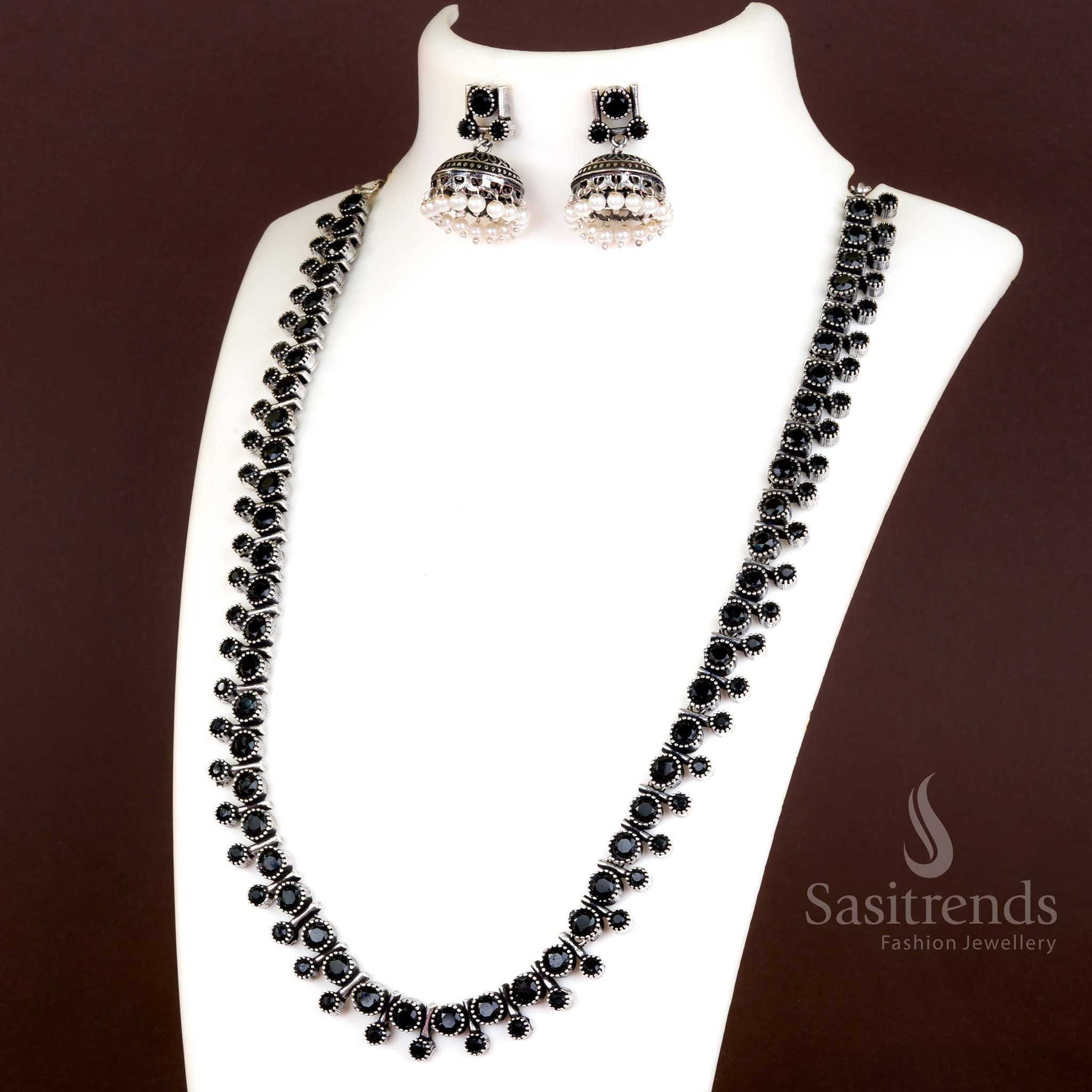 Trendy Oxidised Silver Stones Stud Necklace with Jhumkas and Pearls - Latest Jewellery Set - Image 4