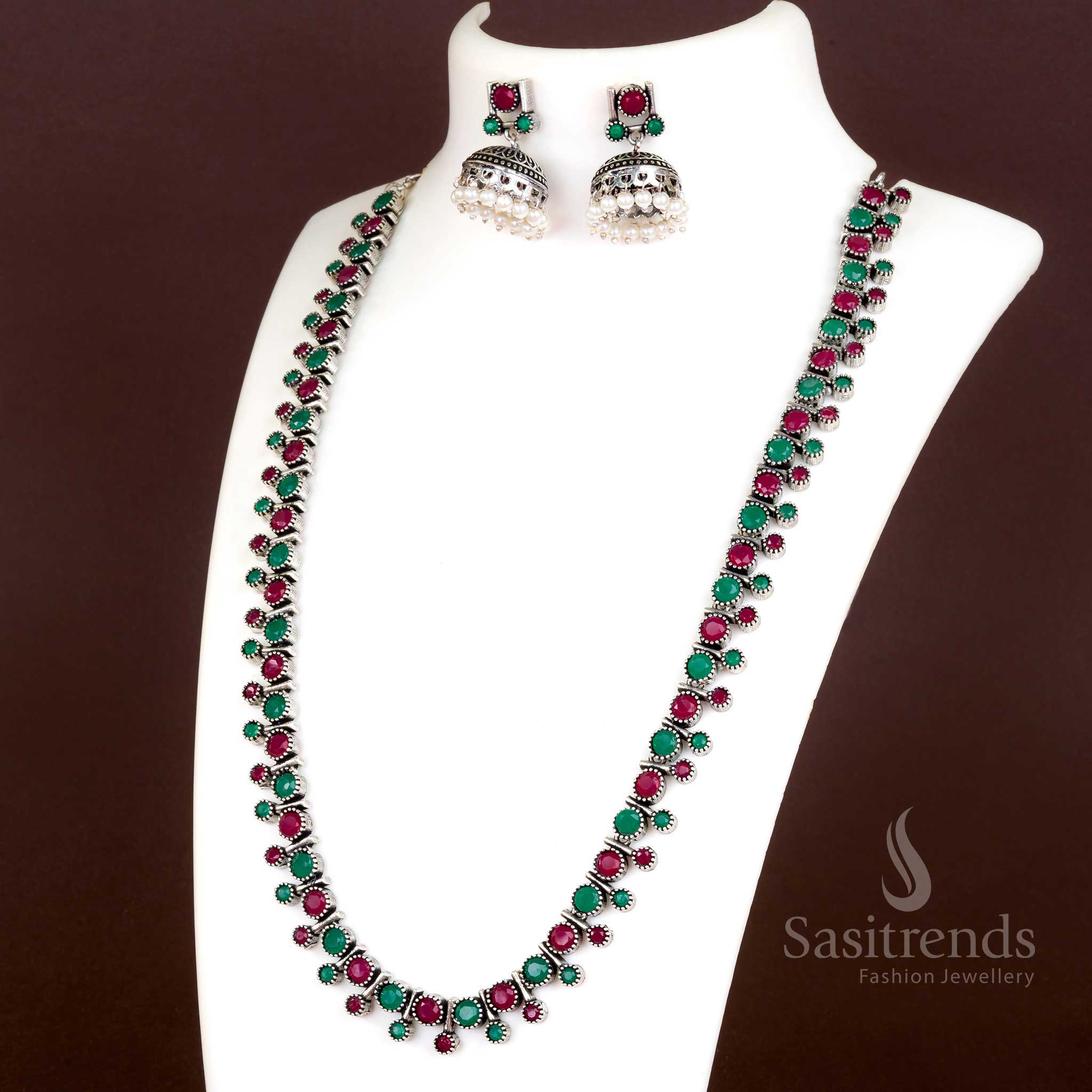Trendy Oxidised Silver Stones Stud Necklace with Jhumkas and Pearls - Latest Jewellery Set - Image 5
