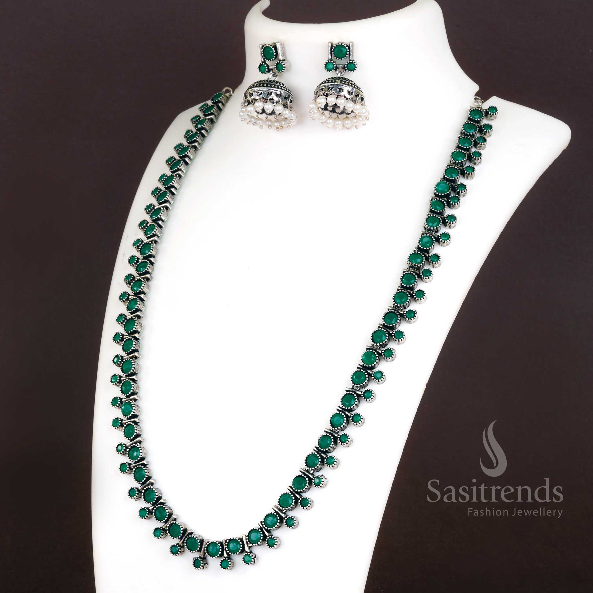 Trendy Oxidised Silver Stones Stud Necklace with Jhumkas and Pearls - Latest Jewellery Set - Image 6
