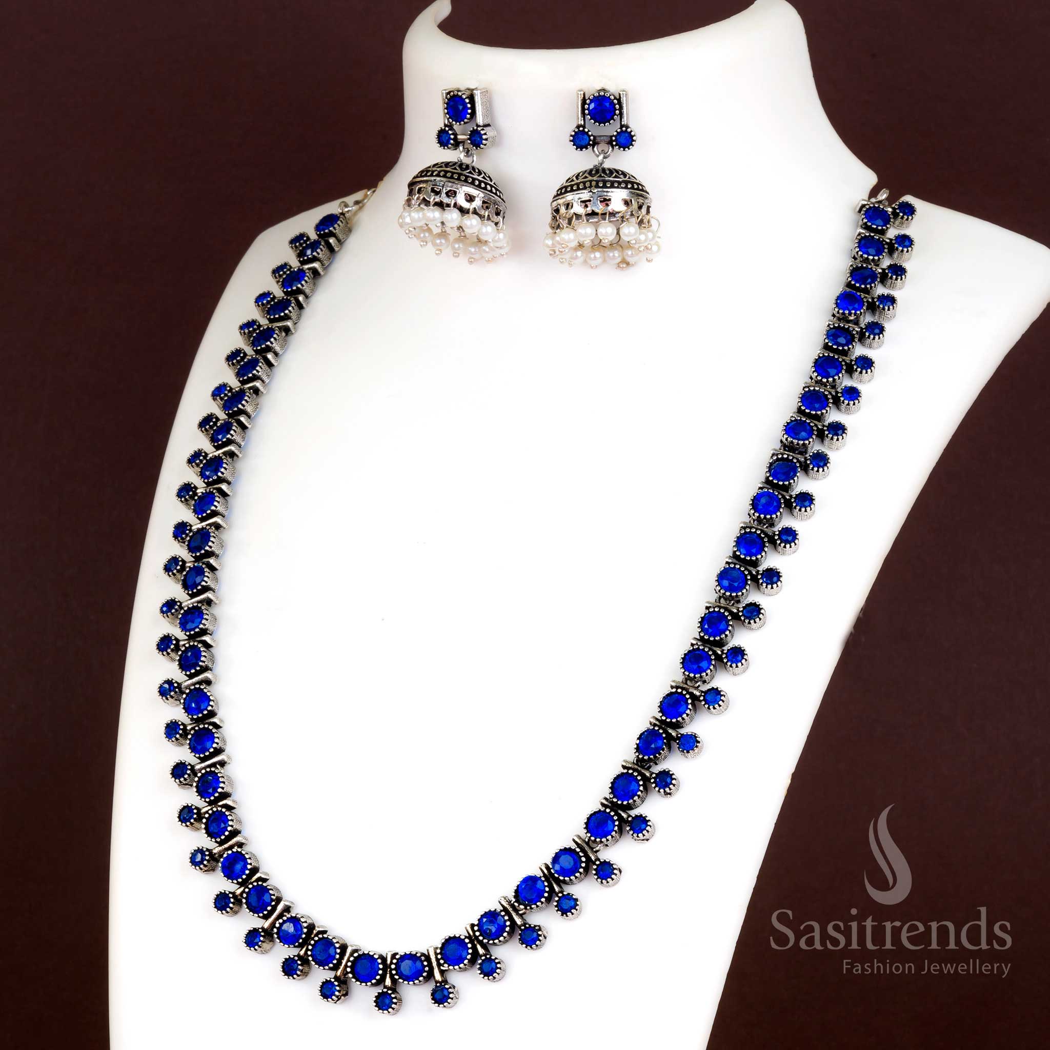 Trendy Oxidised Silver Stones Stud Necklace with Jhumkas and Pearls - Latest Jewellery Set - Image 7