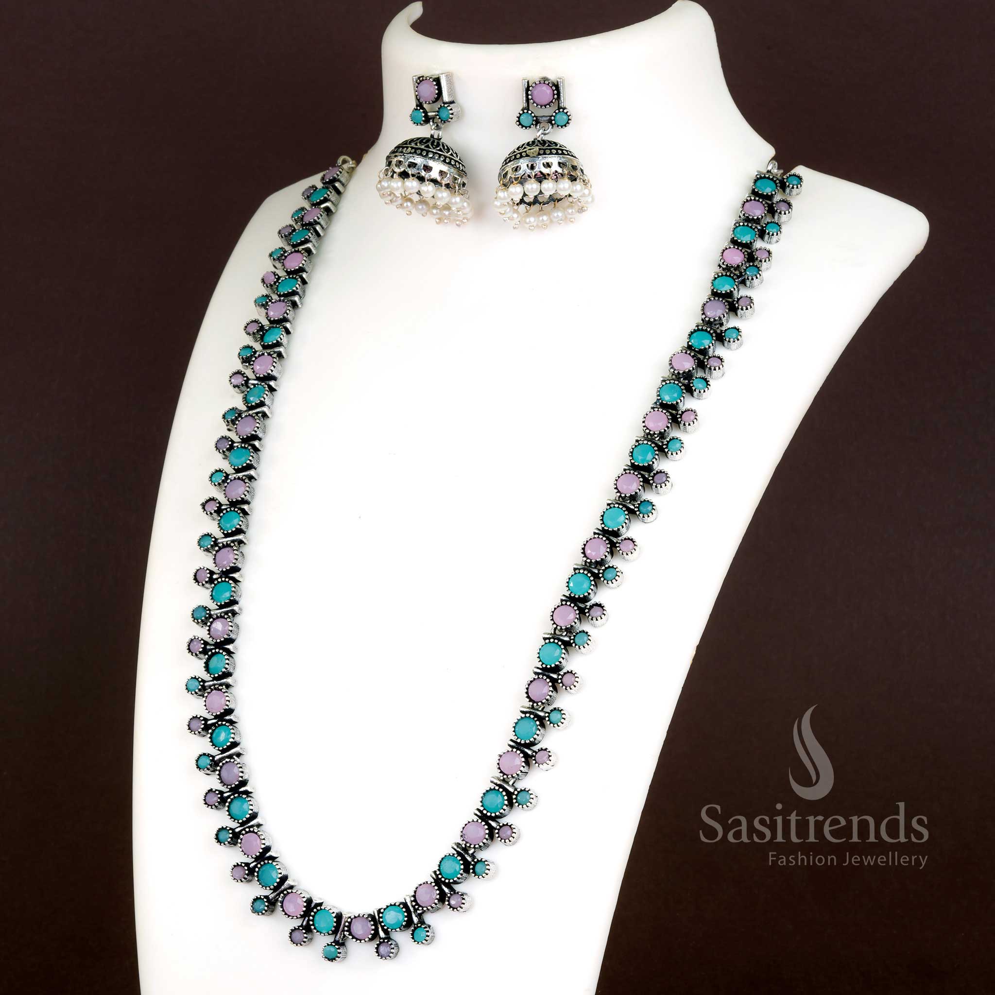 Trendy Oxidised Silver Stones Stud Necklace with Jhumkas and Pearls - Latest Jewellery Set - Image 8