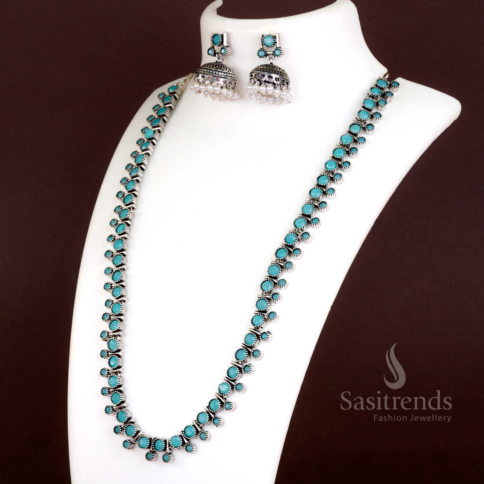 Trendy Oxidised Silver Stones Stud Necklace with Jhumkas and Pearls - Latest Jewellery Set - Image 9