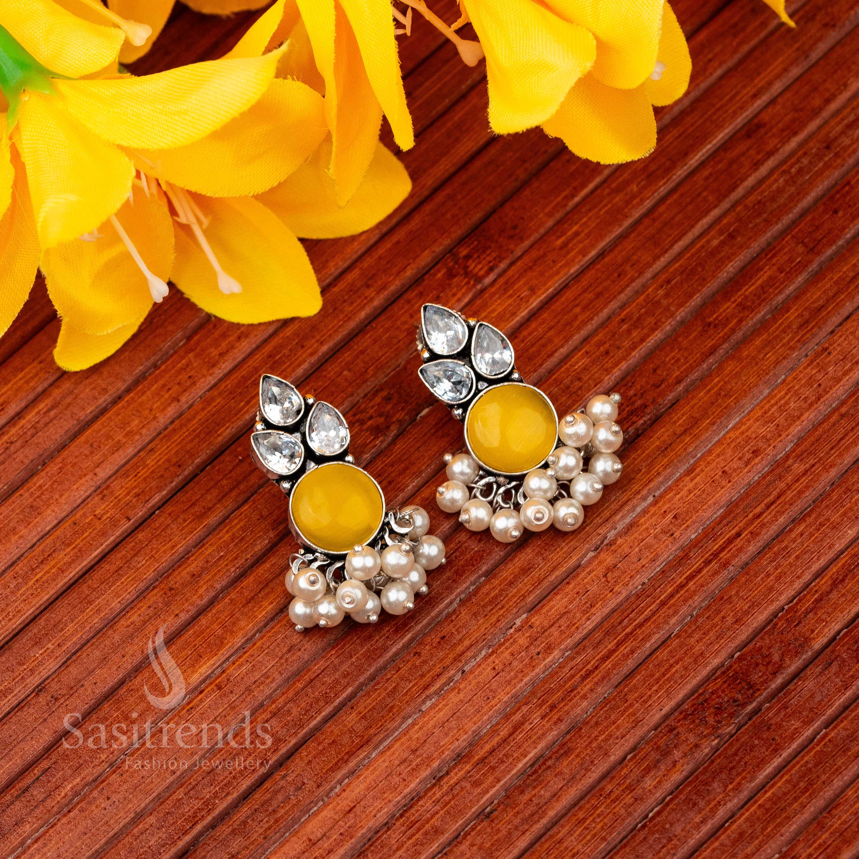 Exquisite Traditional Oxidised German Silver Earrings with Monalisa Stone and AD Stones, Adorned with Pearl Drops - Image 17