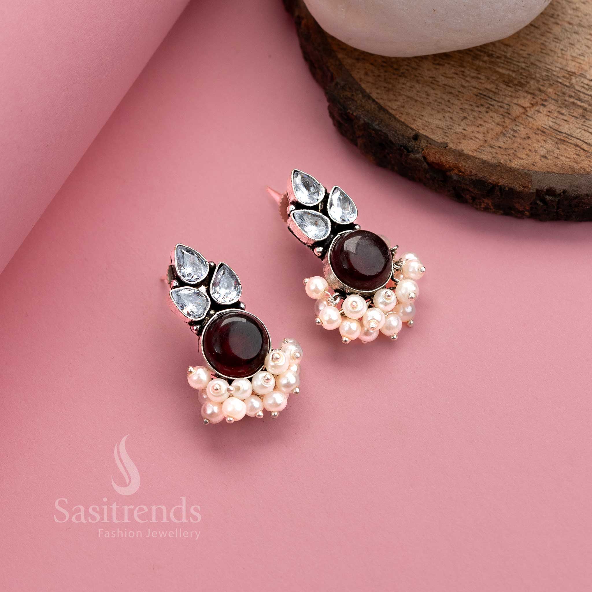 Exquisite Traditional Oxidised German Silver Earrings with Monalisa Stone and AD Stones, Adorned with Pearl Drops - Image 8