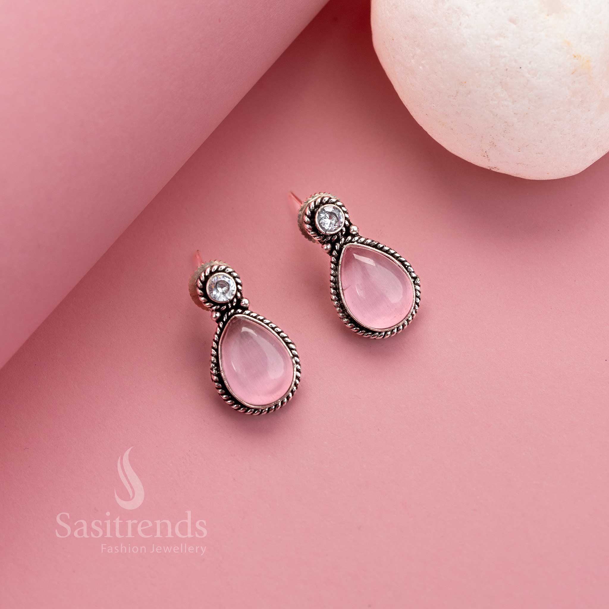 Oxidised Silver Stud Earrings with Monalisa and AD Stones - Perfect for Office Wear - Image 10