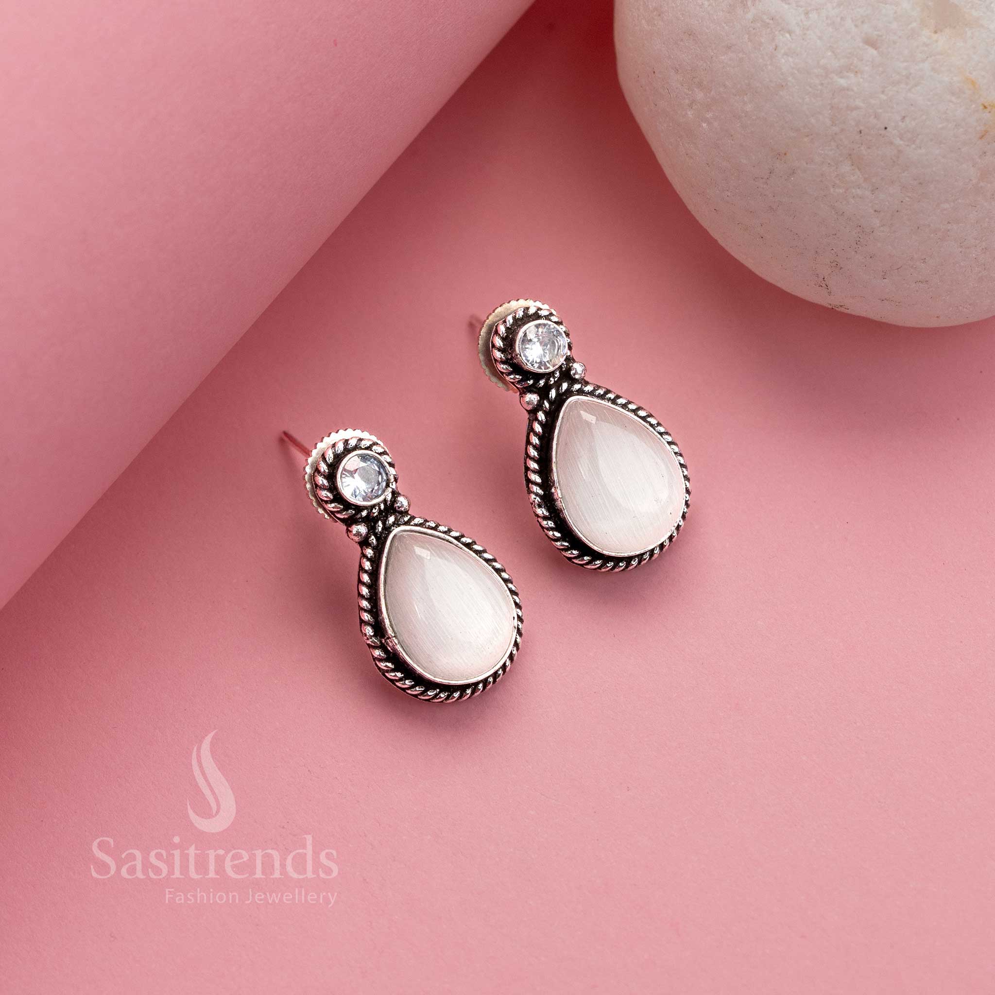 Oxidised Silver Stud Earrings with Monalisa and AD Stones - Perfect for Office Wear - Image 12