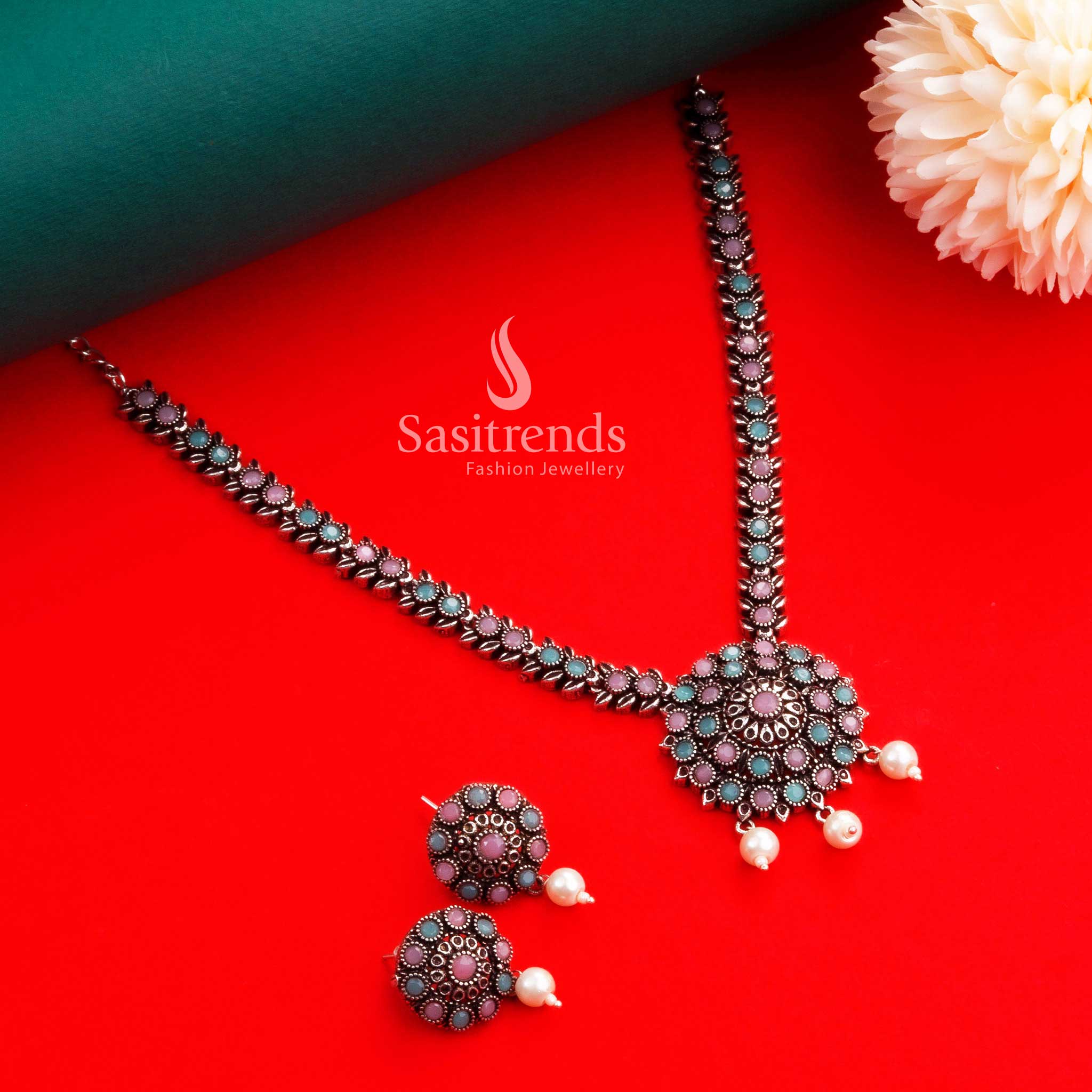 Navarathiri Special Oxidised Silver Floral Pendant Stones Necklace with Earrings & Pearls Jewellery Set - Sasitrends - Image 2