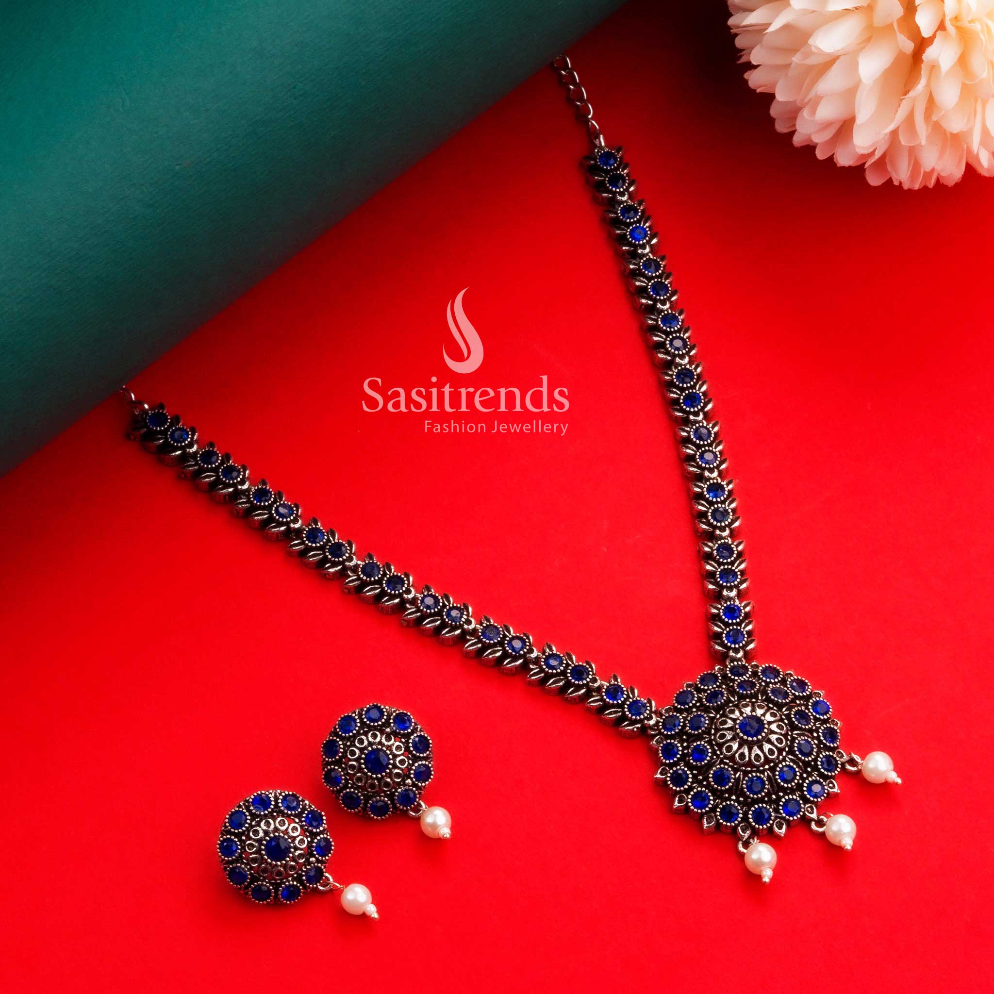 Navarathiri Special Oxidised Silver Floral Pendant Stones Necklace with Earrings & Pearls Jewellery Set - Sasitrends - Image 4