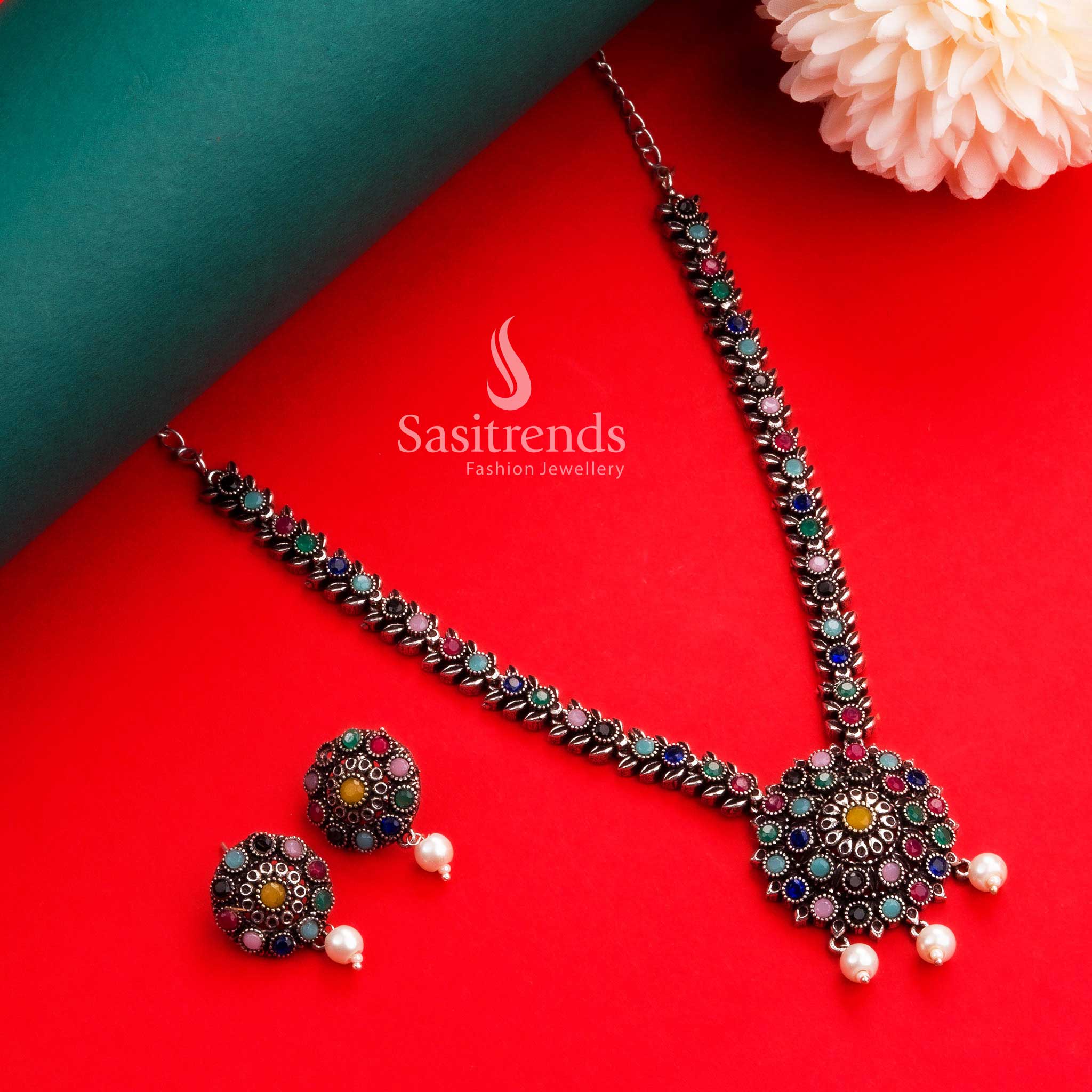Navarathiri Special Oxidised Silver Floral Pendant Stones Necklace with Earrings & Pearls Jewellery Set - Sasitrends - Image 5