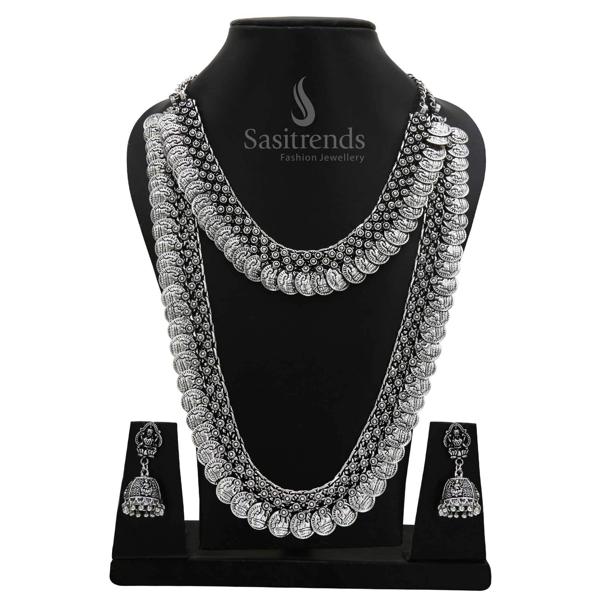 Oxidised Silver Short & Long Necklace Combo with Matching Jhumka Jewellery Set - Image 4