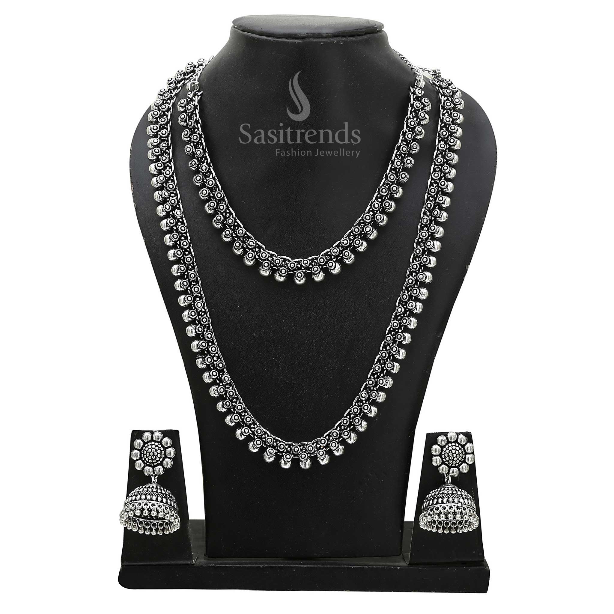 Oxidised Silver Short & Long Necklace Combo with Matching Jhumka Jewellery Set - Image 5