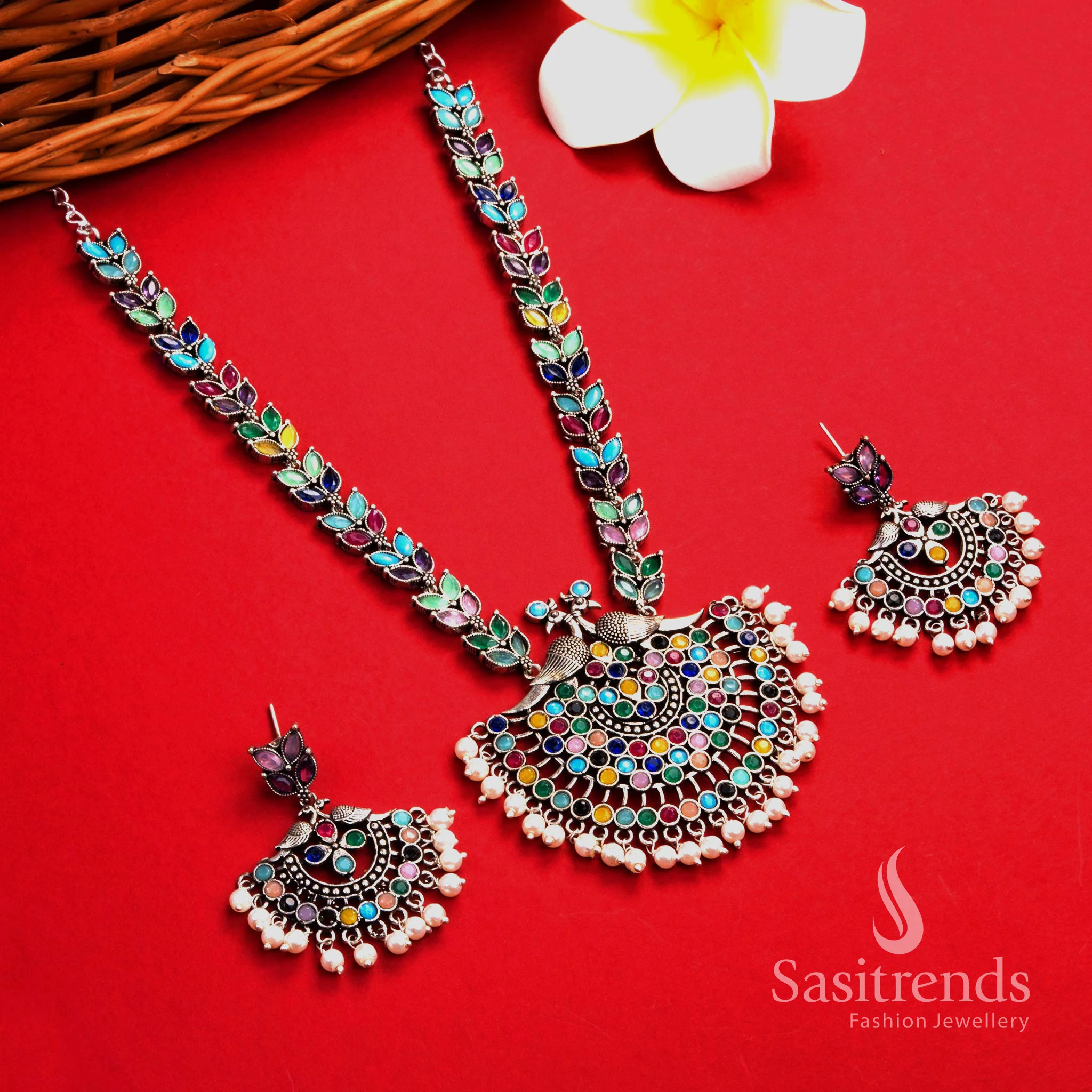 Traditional Oxidised Silver Pearl Long Necklace Stones Jewellery Set with Peacock-Floral Pendant and Pearl Earrings | Sasitrends - Image 3