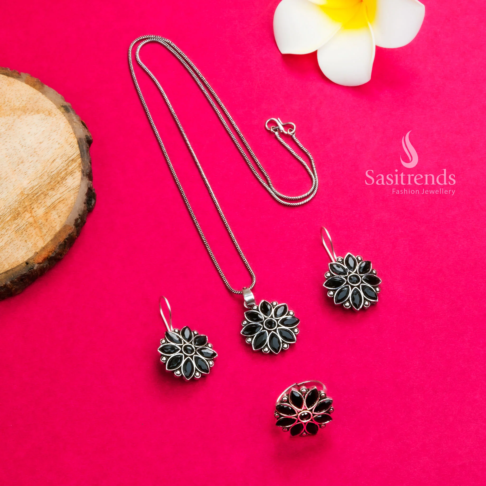 Stunning Flower Stones Stud Pendant Necklace with Oxidised Silver Earrings & Ring Jewellery Set | Sasitrends - Image 10