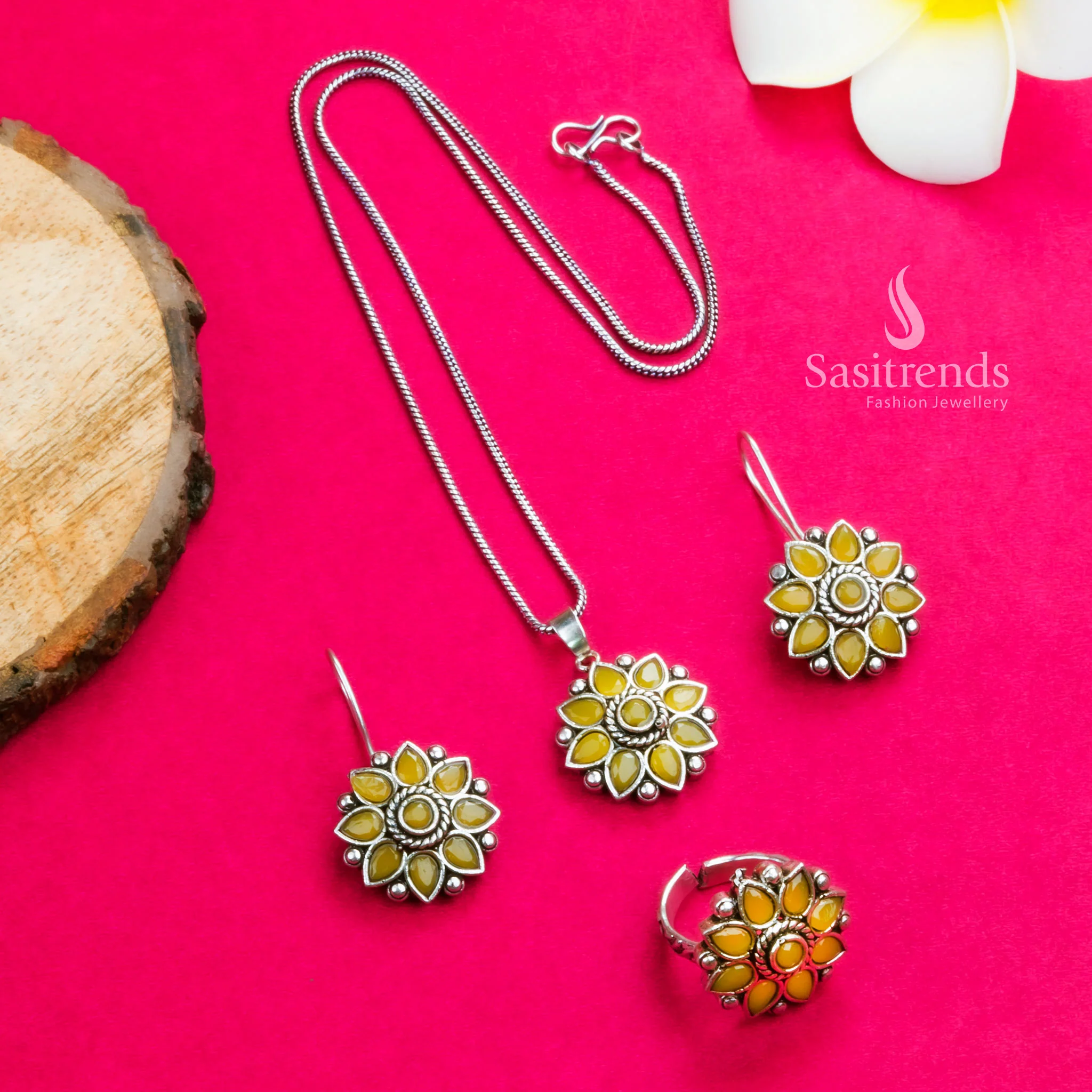 Stunning Flower Stones Stud Pendant Necklace with Oxidised Silver Earrings & Ring Jewellery Set | Sasitrends - Image 11