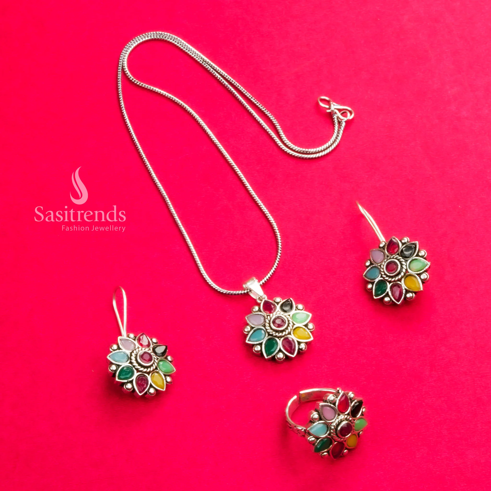 Stunning Flower Stones Stud Pendant Necklace with Oxidised Silver Earrings & Ring Jewellery Set | Sasitrends - Image 2