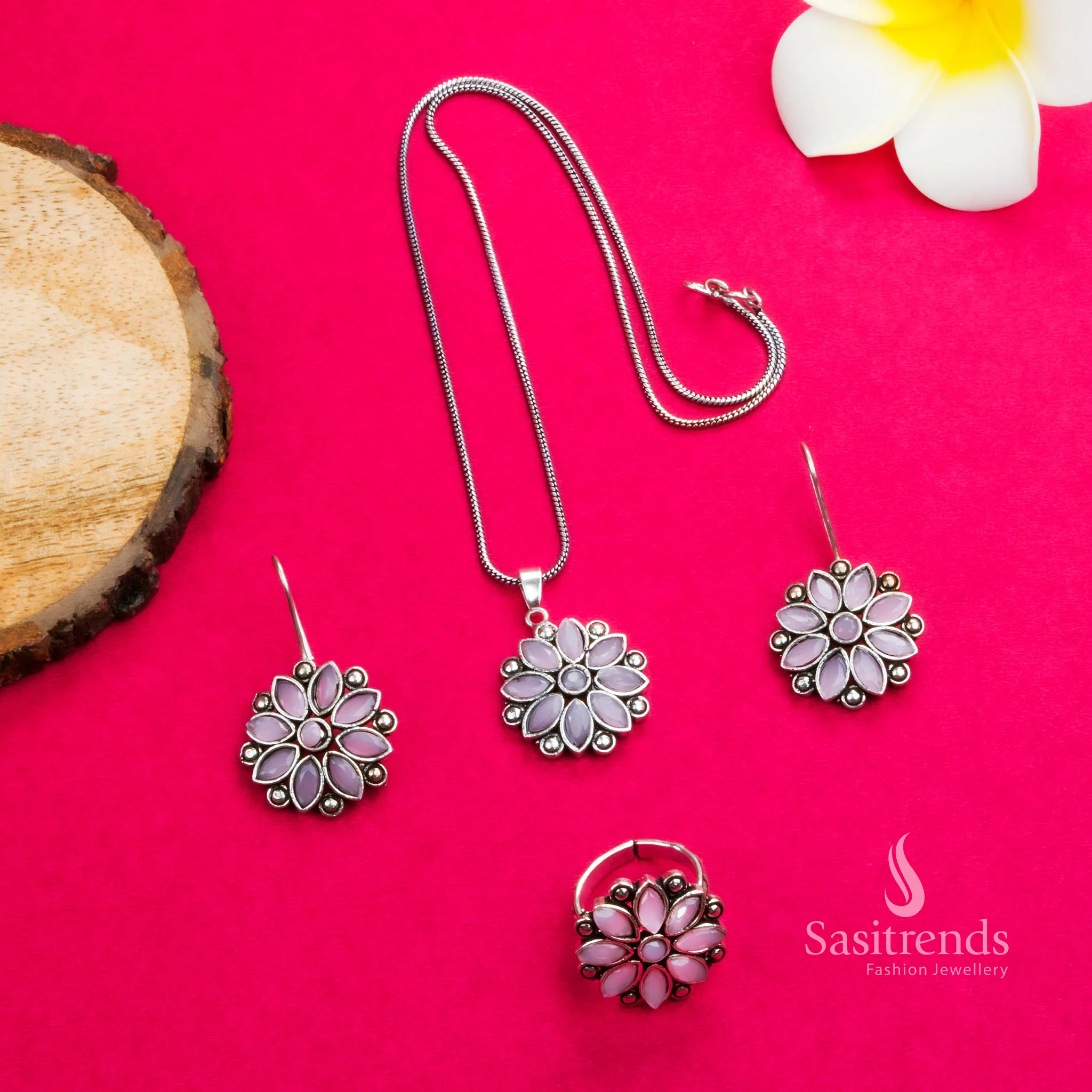 Stunning Flower Stones Stud Pendant Necklace with Oxidised Silver Earrings & Ring Jewellery Set | Sasitrends - Image 3